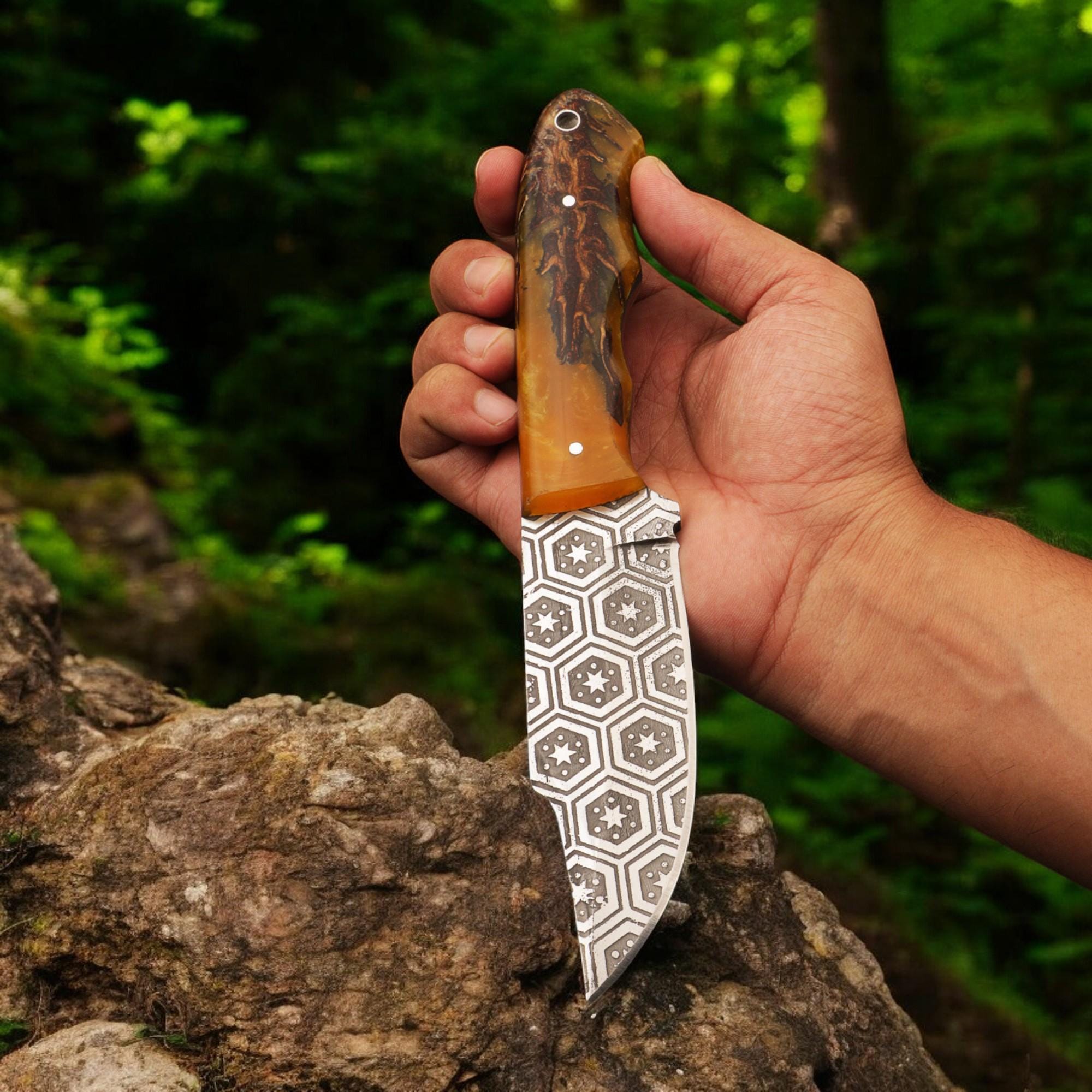 HandForged 9" Damascus Hunting Knife Acid Etched Stainless Steel Blade Resin Handle Bushcraft Skinning Outdoor EDC Kitchen Knives Gift Craft