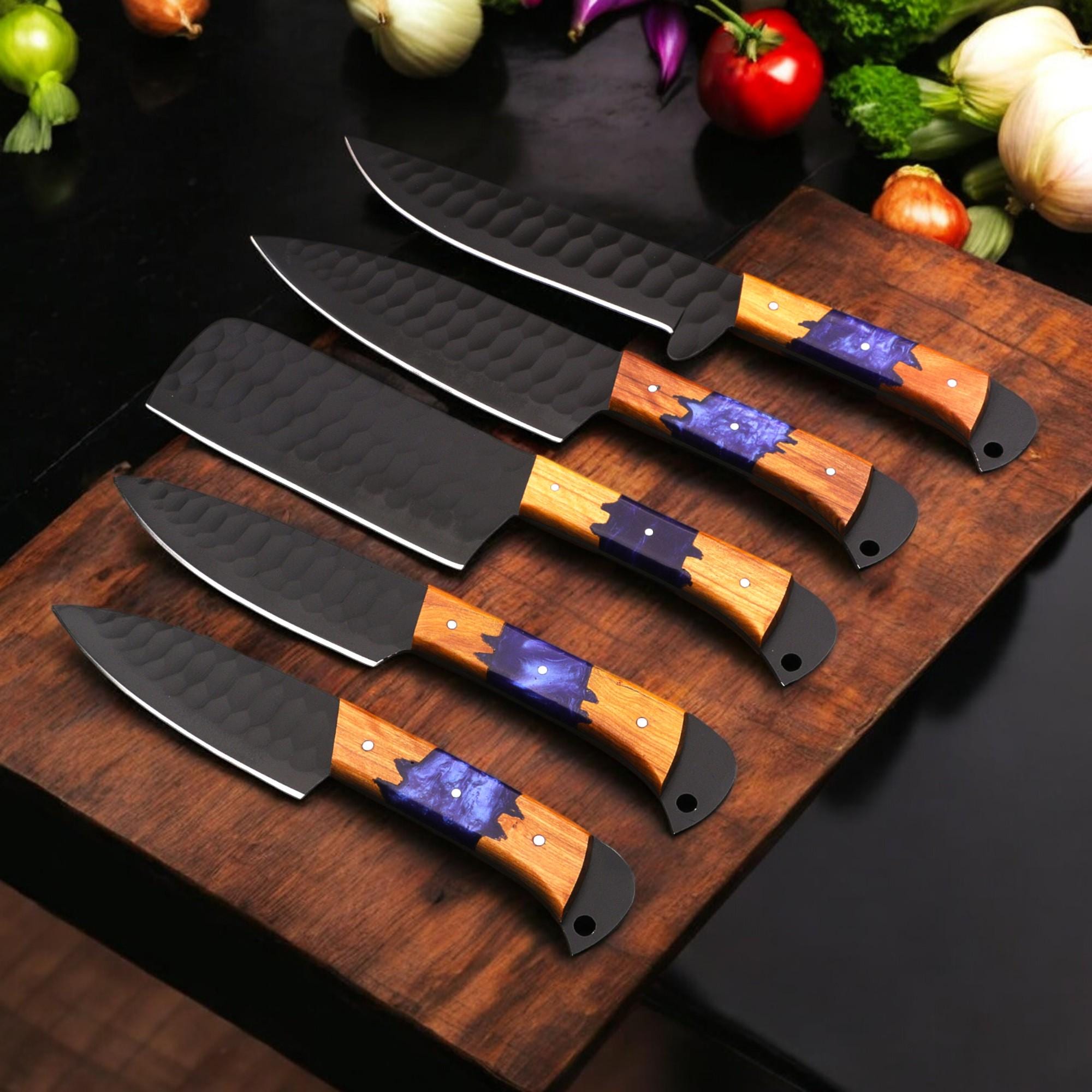 5pcs Damascus Chef Knife Set HandForged Kitchen Knives with Sheath Outdoor Cooking Hunting Outdoor Cookware Housewarming Cutlery Gift Craft