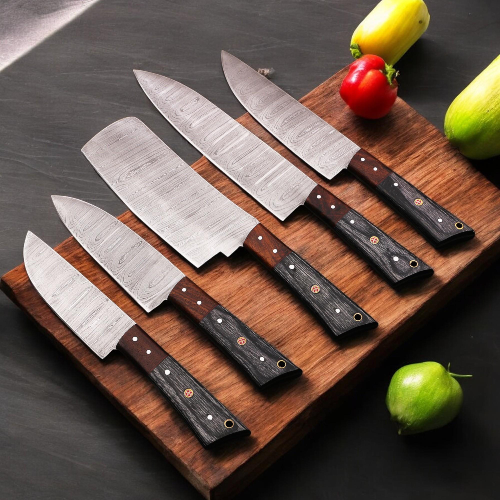 5Pcs HandForged Damascus Chef Knife Set Rosewood Pakka Wood Handle Kitchen Knives Butcher Cutlery Outdoor Camping Gift Hunting Cookware EDC