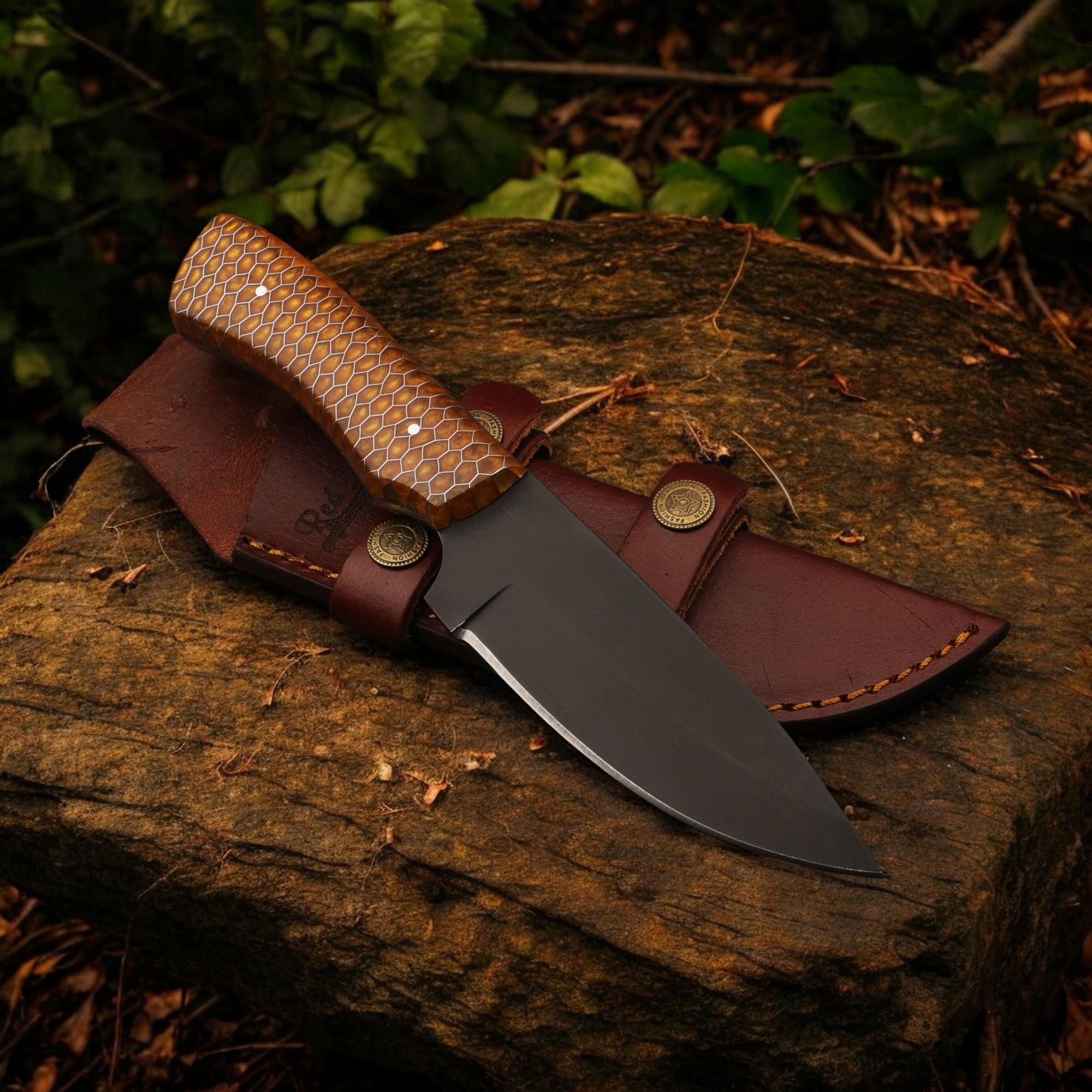 HandForged 9.5" Hunting Knife Stainless Steel Black Powder Coated Blade Honeycomb Resin Handle Skinner Bushcraft Outdoor Camping Knives EDC