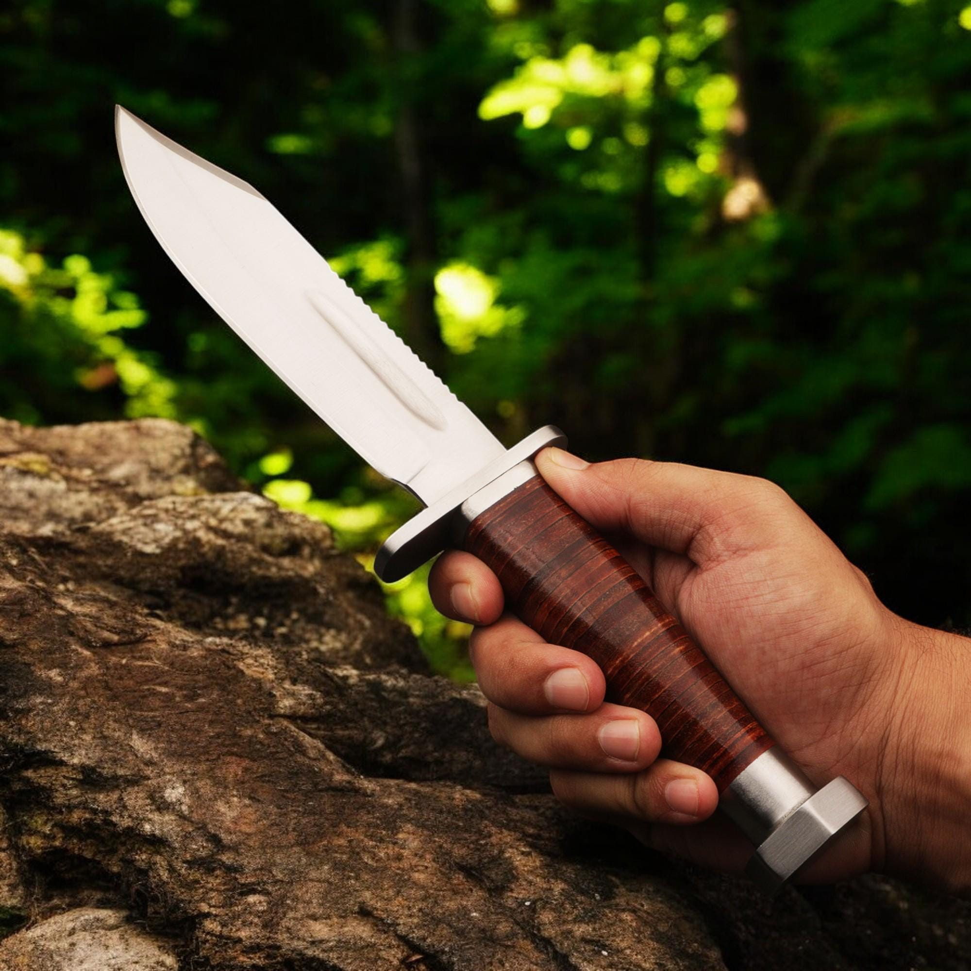 Hunting Knife 11.5" HandForged Stainless Steel Leather Handle & Sheath Blade for Camping Bushcraft Knives Skinning Fishing Craft Outdoor EDC