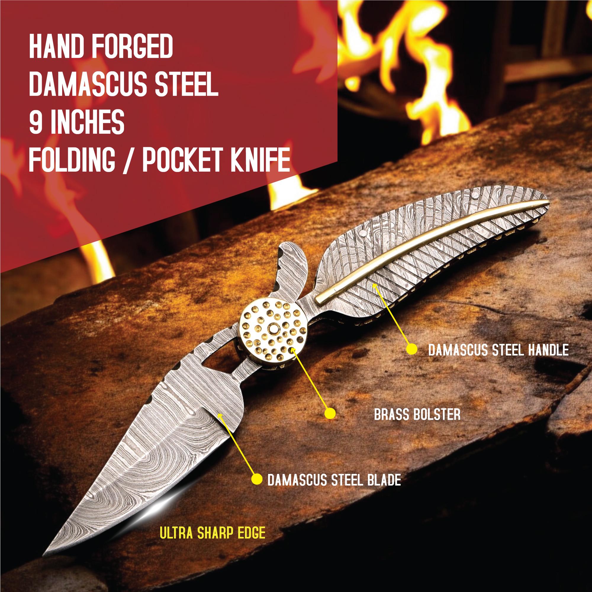 HandCraft Damascus Steel Folding 9" Pocket Knife Damascus Handle Brass Bolster Ultra Sharp Edge EDC Hunting Bushcraft Knives Camping Outdoor