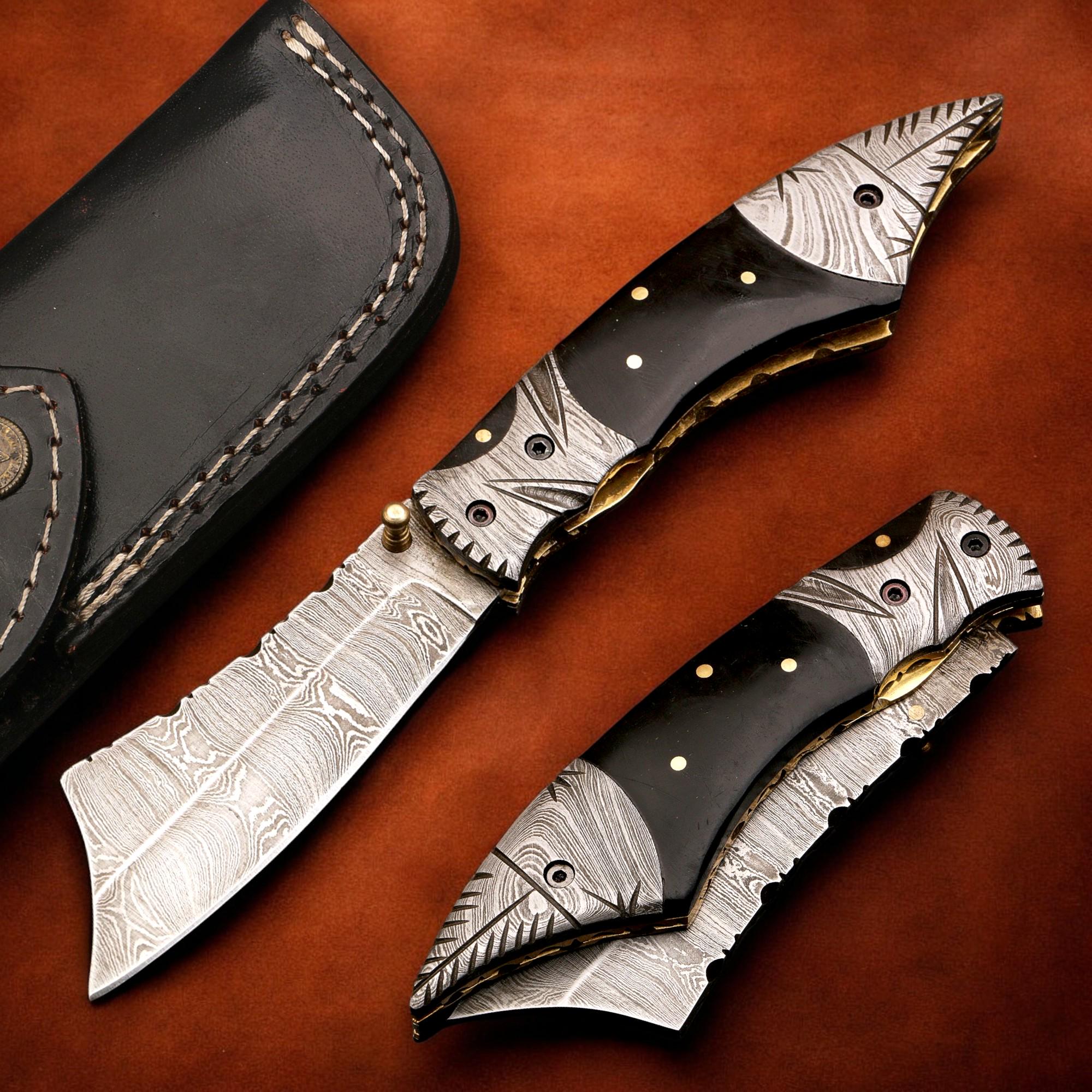 HandCraft Damascus Folding Knife 9" Pocket Knife Bull Horn Handle Leather Sheath Hunting Skinner Camping Fishing Outdoor Bushcraft EDC Gift