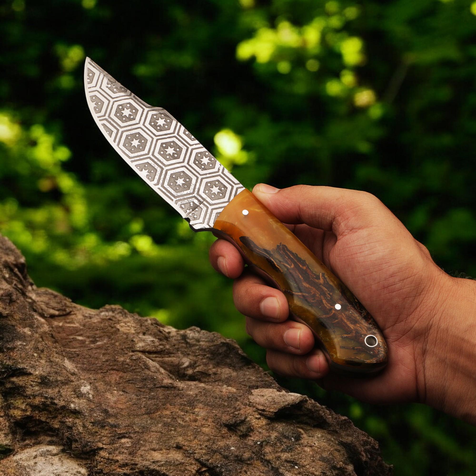 HandForged 9" Damascus Hunting Knife Acid Etched Stainless Steel Blade Resin Handle Bushcraft Skinning Outdoor EDC Kitchen Knives Gift Craft