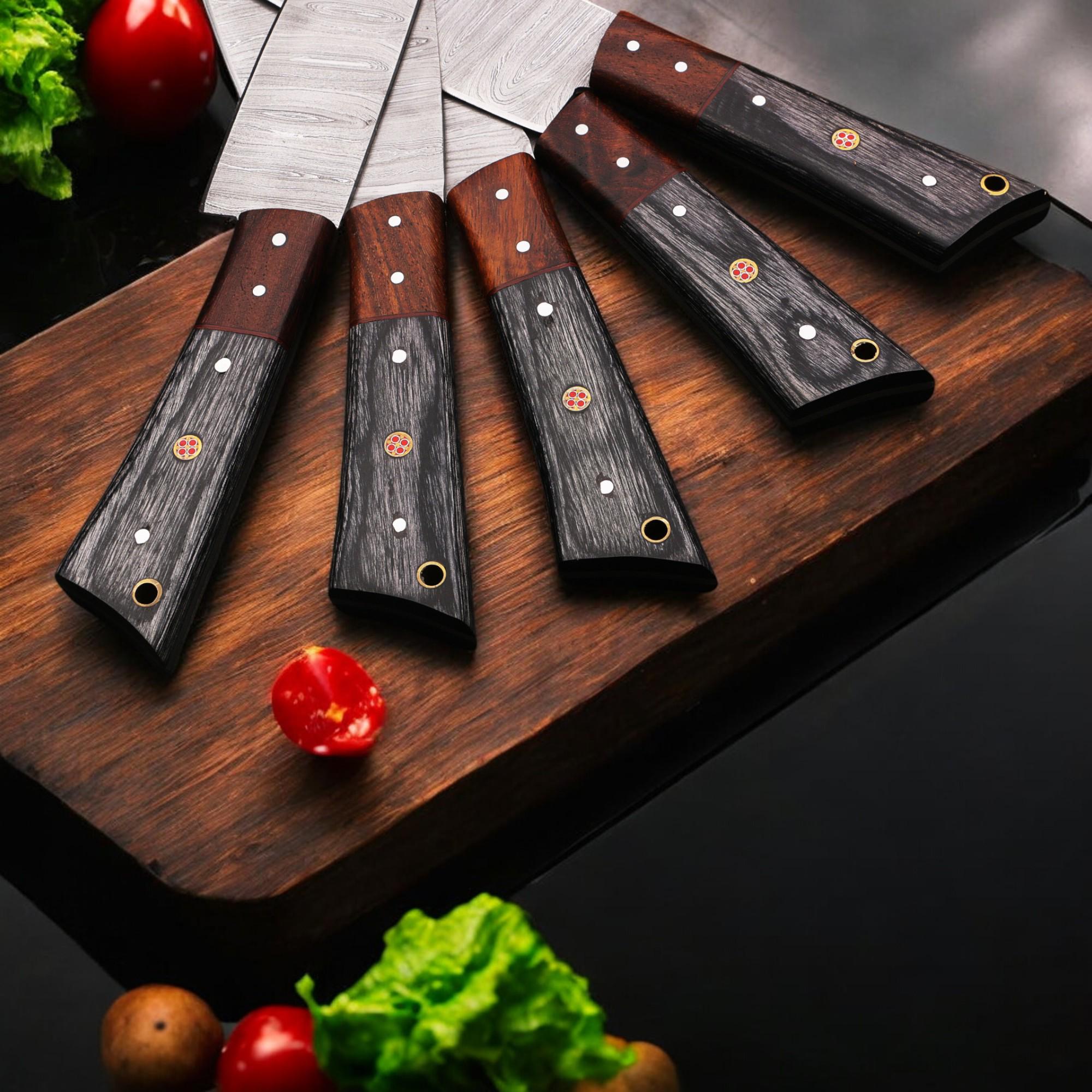 5Pcs HandForged Damascus Chef Knife Set Rosewood Pakka Wood Handle Kitchen Knives Butcher Cutlery Outdoor Camping Gift Hunting Cookware EDC