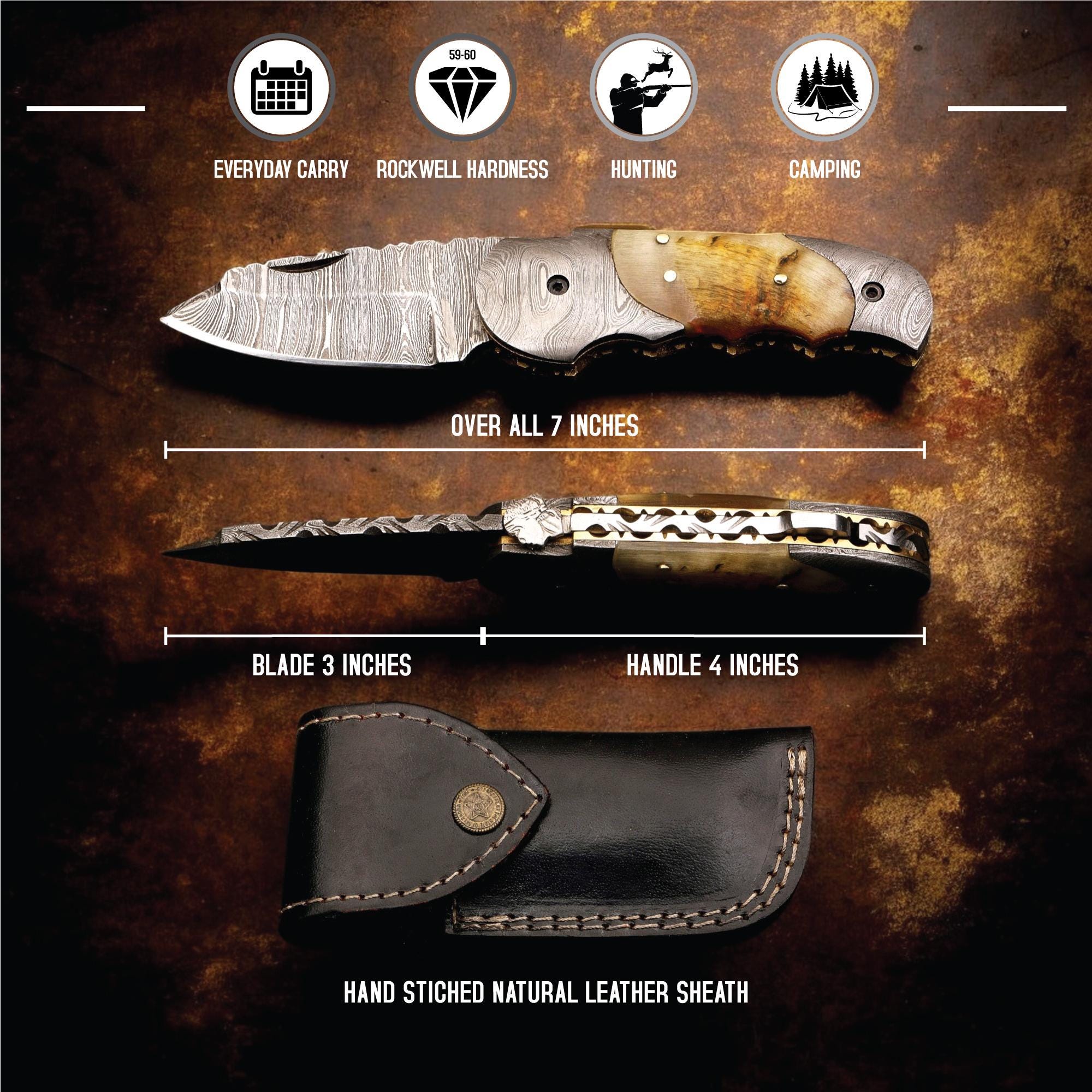 HandCraft Damascus Folding 7" Pocket Knife Lamb Horn Handle Leather Sheath Hunting Skinner Camping Fishing Outdoor Bushcraft EDC Knives Gift