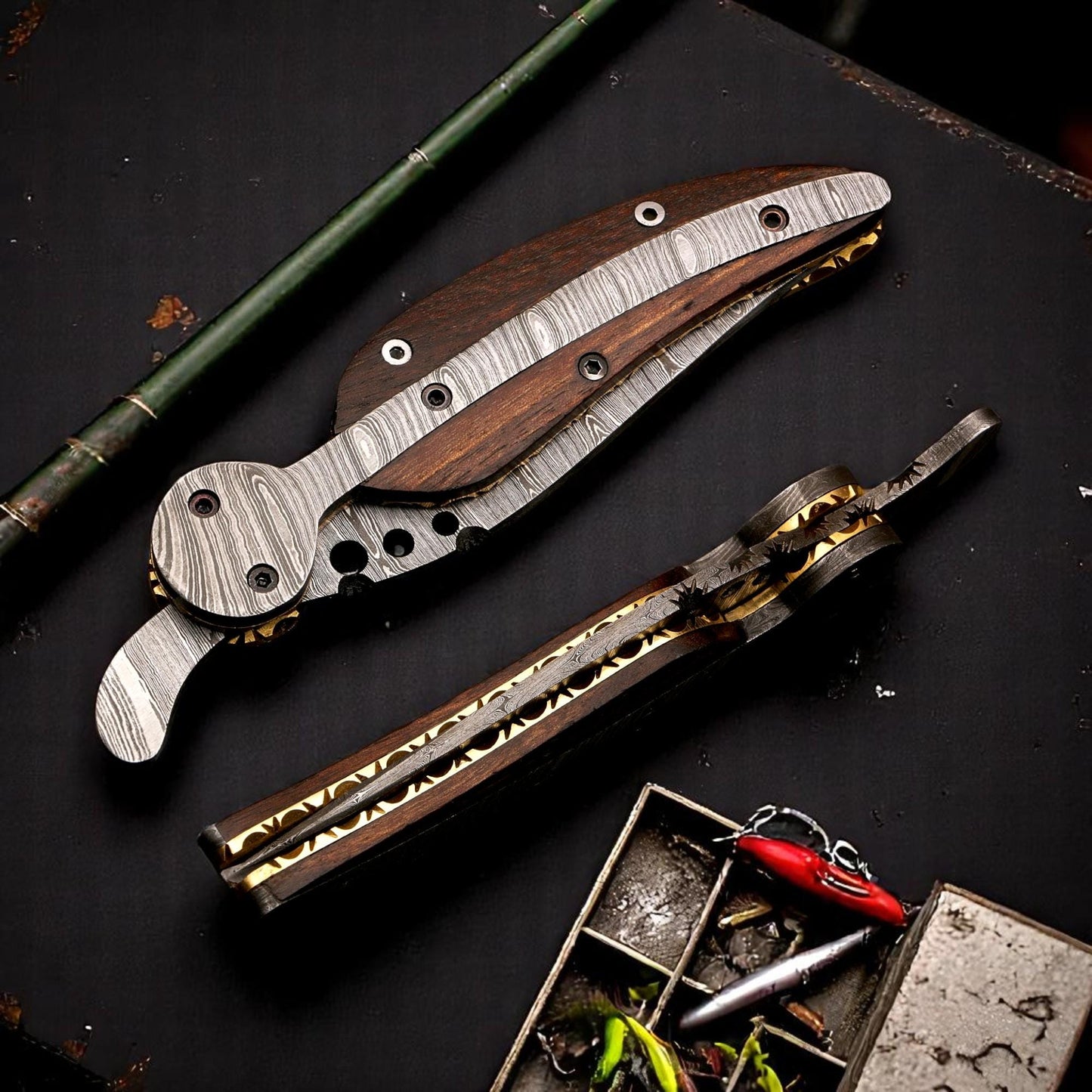 HandCraft Damascus Folding 9" Pocket Knife Damascus Steel Rose Wood Handle Leather Sheath Hunting Camping Outdoor Bushcraft EDC Knives Gift