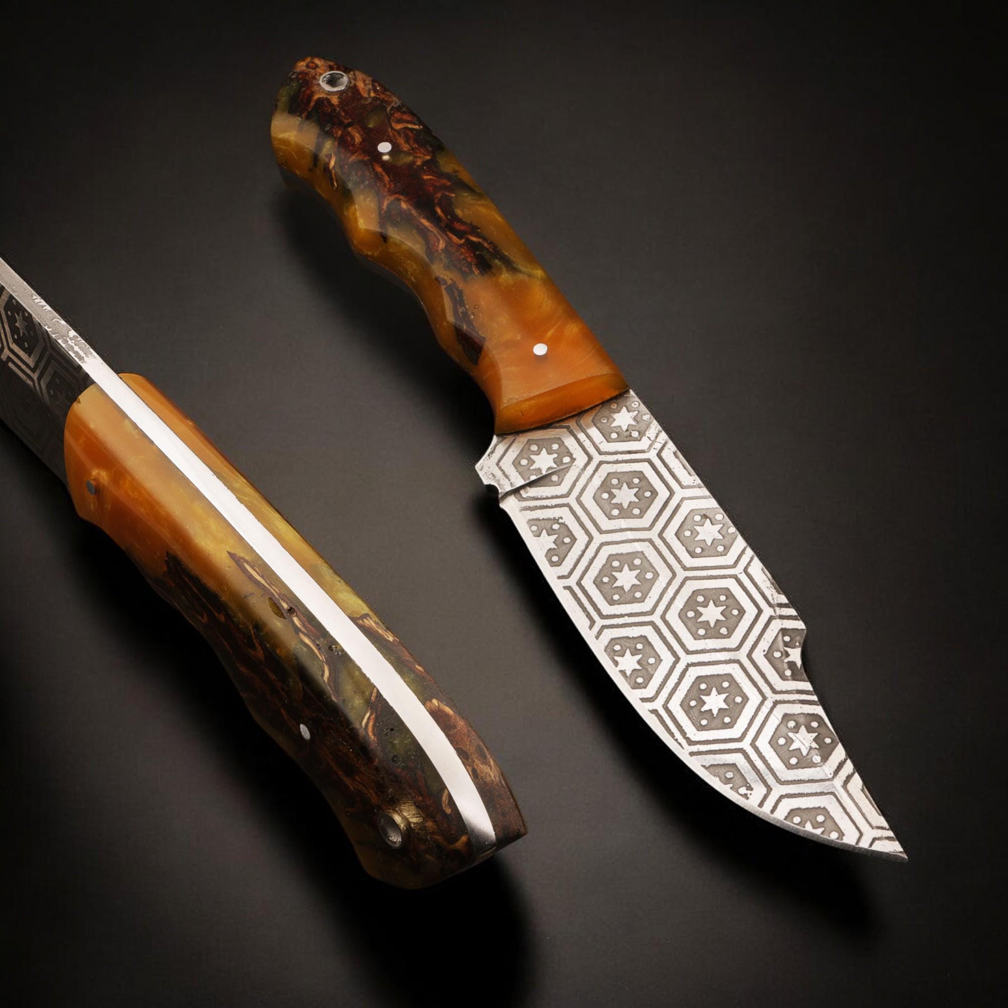 HandForged 9" Damascus Hunting Knife Acid Etched Stainless Steel Blade Resin Handle Bushcraft Skinning Outdoor EDC Kitchen Knives Gift Craft