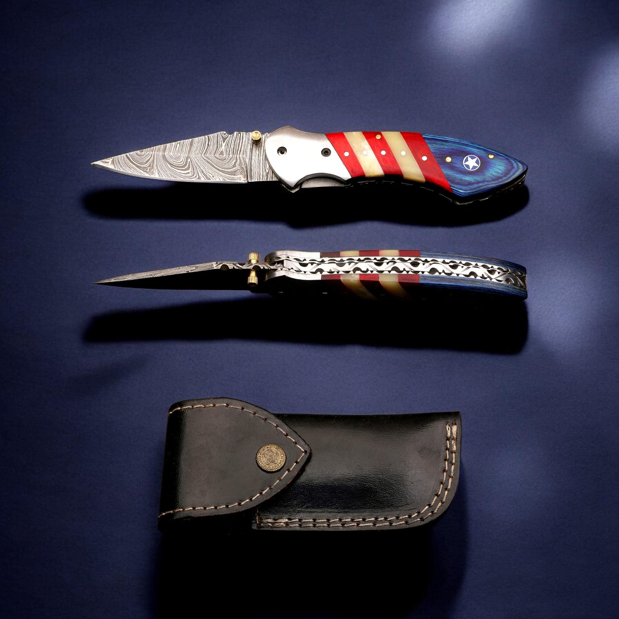 Handcraft Damascus Folding 8.5" Pocket Knife American USA Flag Camel Bone PakkaWood Handle Leather Sheath Hunting Bushcraft EDC Knives Gift