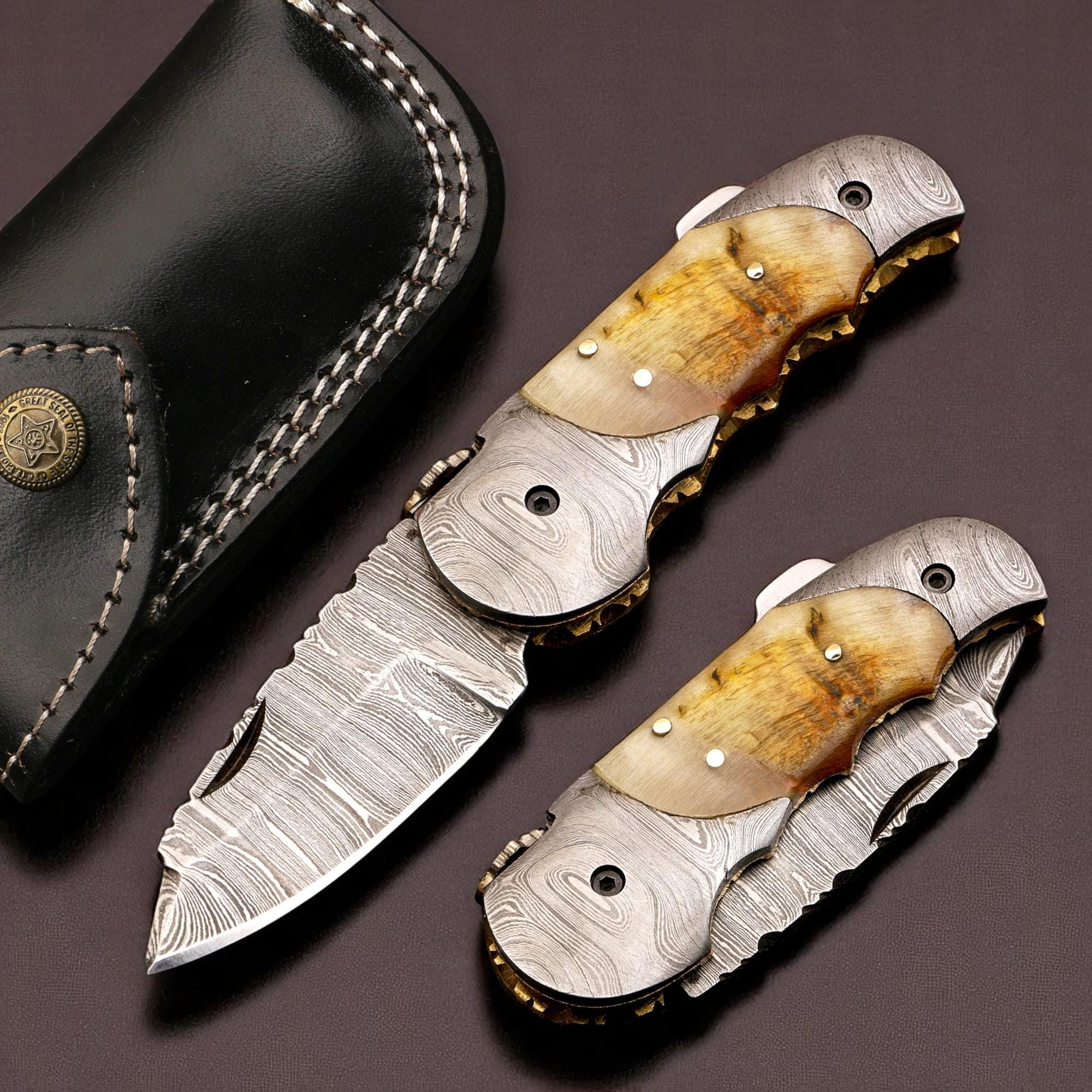 HandCraft Damascus Folding 7" Pocket Knife Lamb Horn Handle Leather Sheath Hunting Skinner Camping Fishing Outdoor Bushcraft EDC Knives Gift