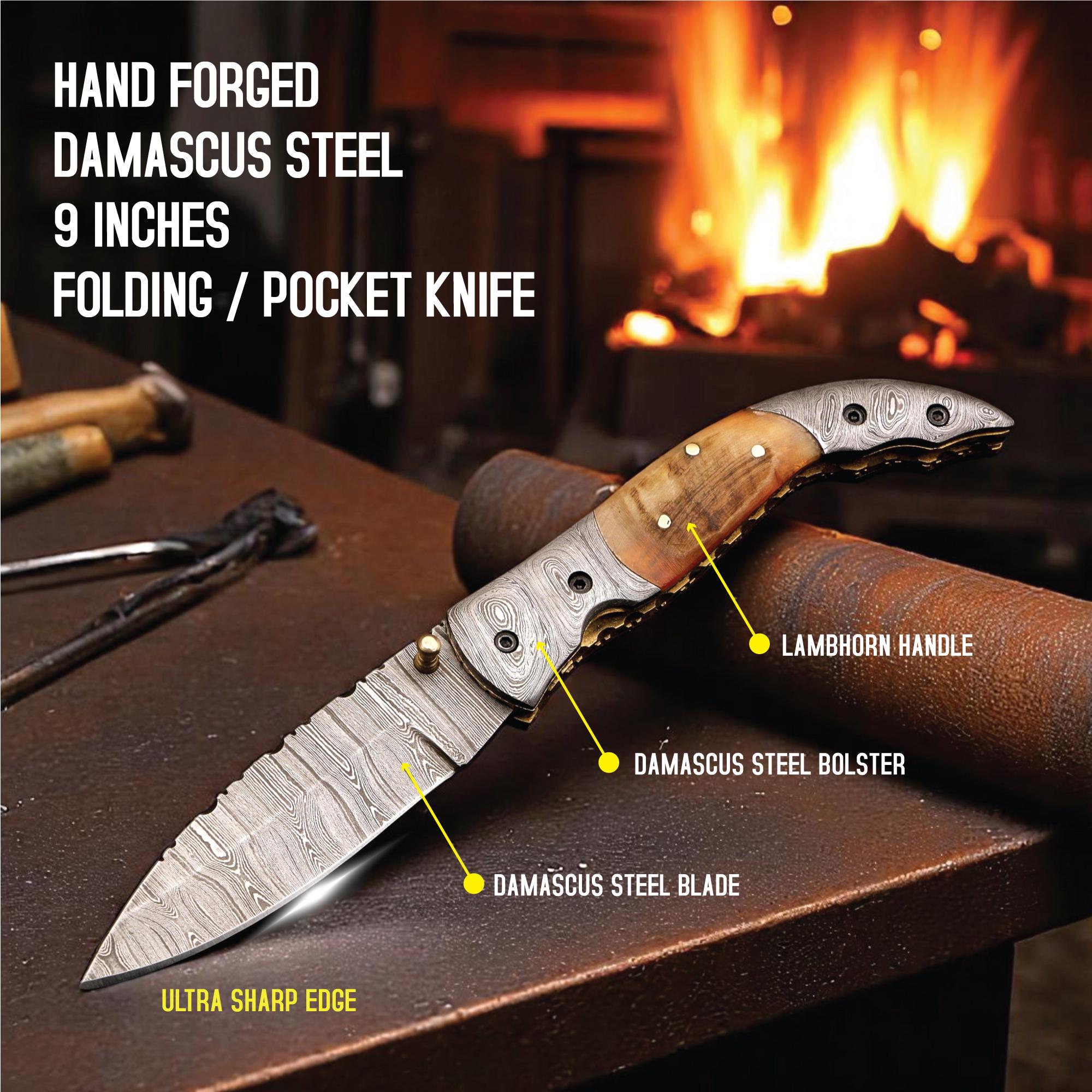HandCraft Damascus Folding 9" Pocket Knife Lamb Horn Handle Leather Sheath Hunting Skinner Camping Fishing Outdoor Bushcraft EDC Knives Gift