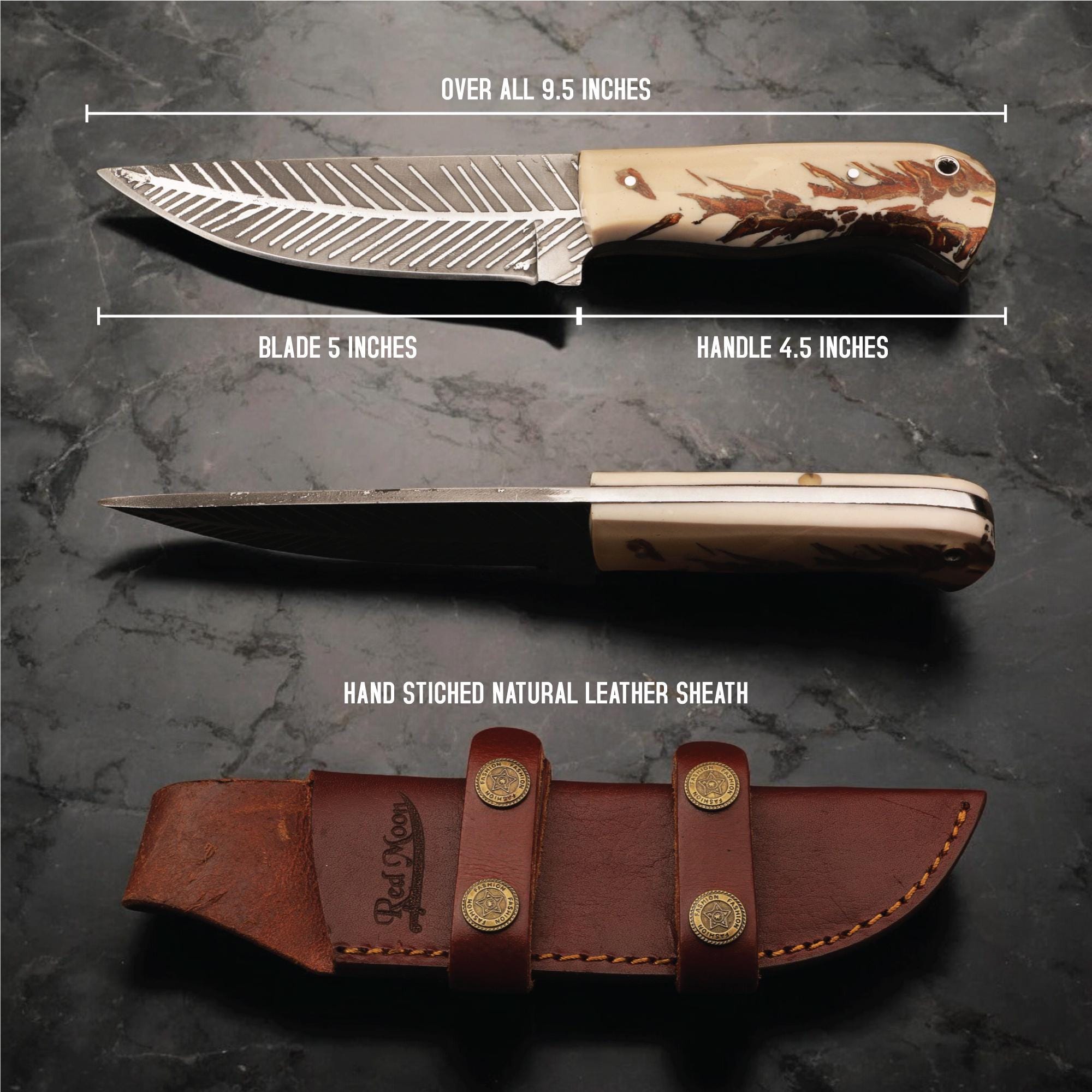 9.5" HandForged Stainless Steel Hunting Knife with Resin Handle and Silver Pins Bushcraft Outdoor Camping Fishing Knives Kitchen Cutlery EDC