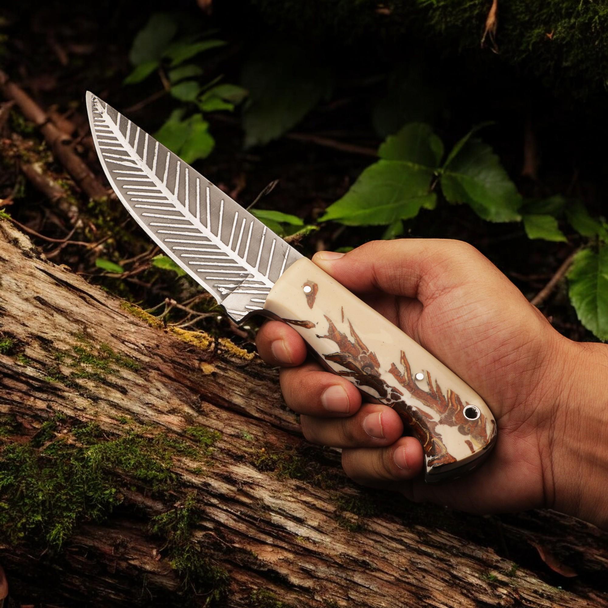 9.5" HandForged Stainless Steel Hunting Knife with Resin Handle and Silver Pins Bushcraft Outdoor Camping Fishing Knives Kitchen Cutlery EDC