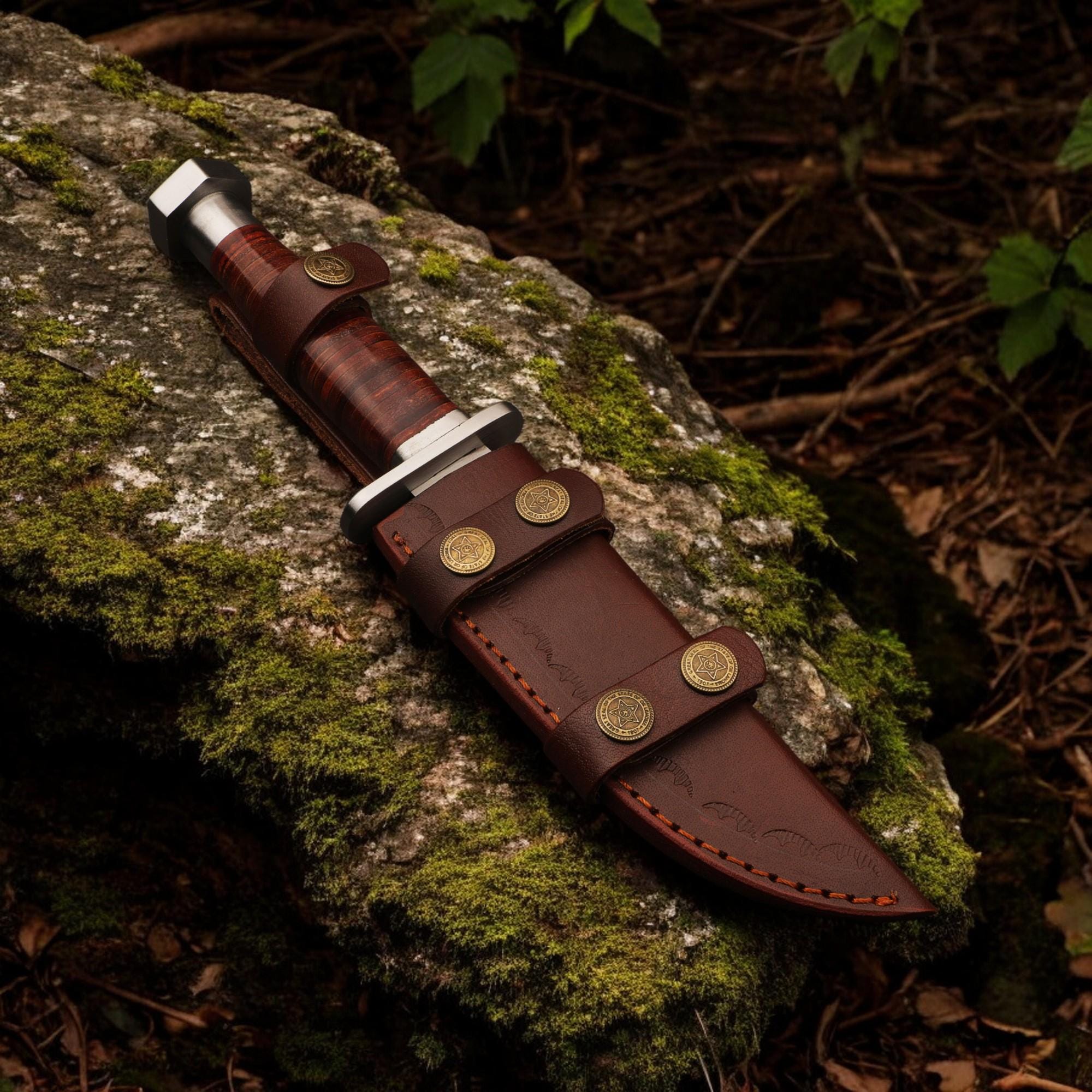 Hunting Knife 11.5" HandForged Stainless Steel Leather Handle & Sheath Blade for Camping Bushcraft Knives Skinning Fishing Craft Outdoor EDC