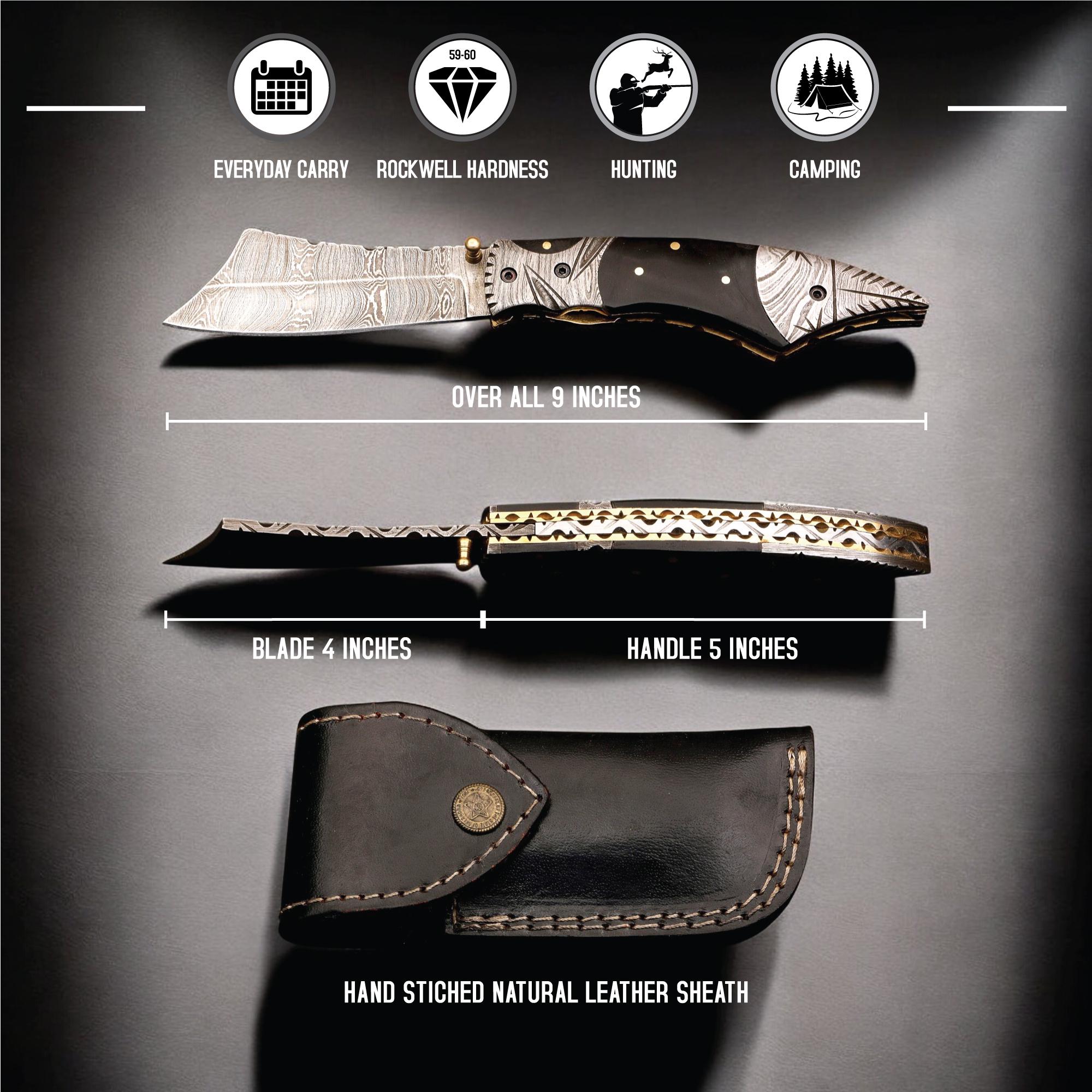 HandCraft Damascus Folding Knife 9" Pocket Knife Bull Horn Handle Leather Sheath Hunting Skinner Camping Fishing Outdoor Bushcraft EDC Gift