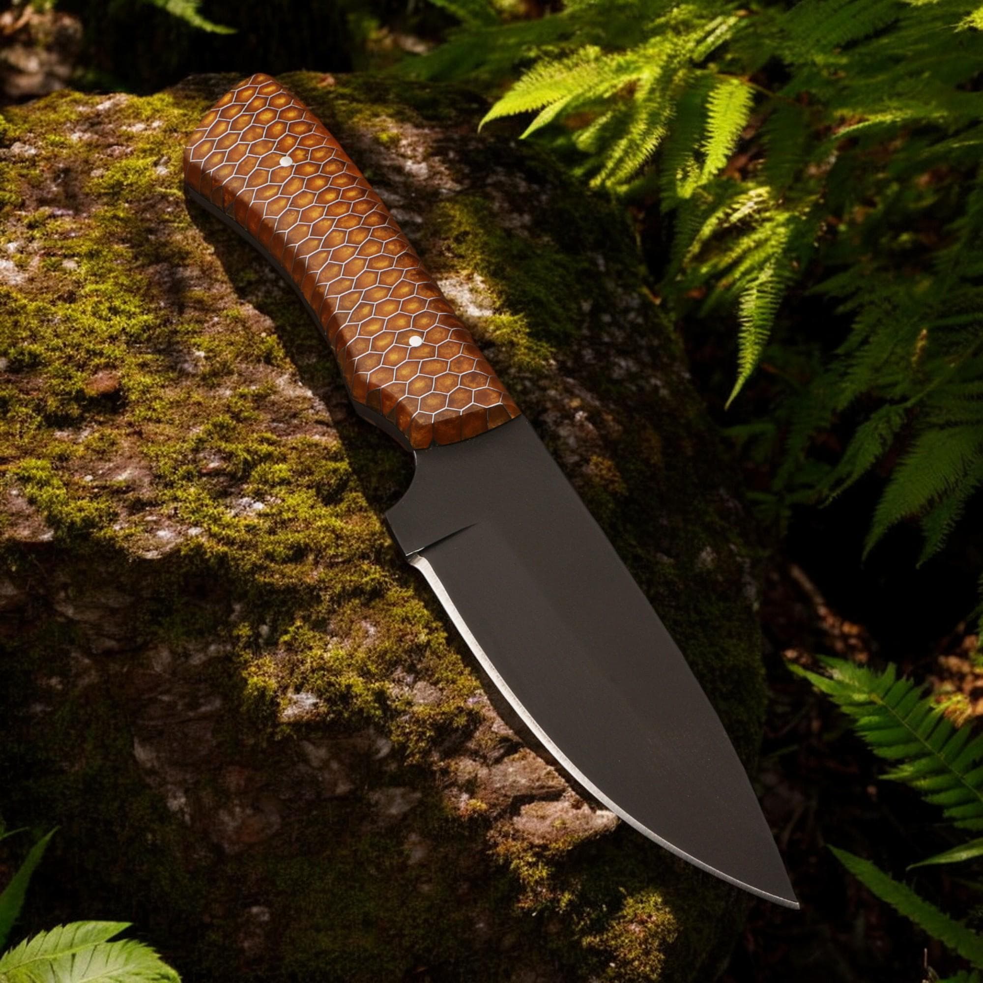 HandForged 9.5" Hunting Knife Stainless Steel Black Powder Coated Blade Honeycomb Resin Handle Skinner Bushcraft Outdoor Camping Knives EDC