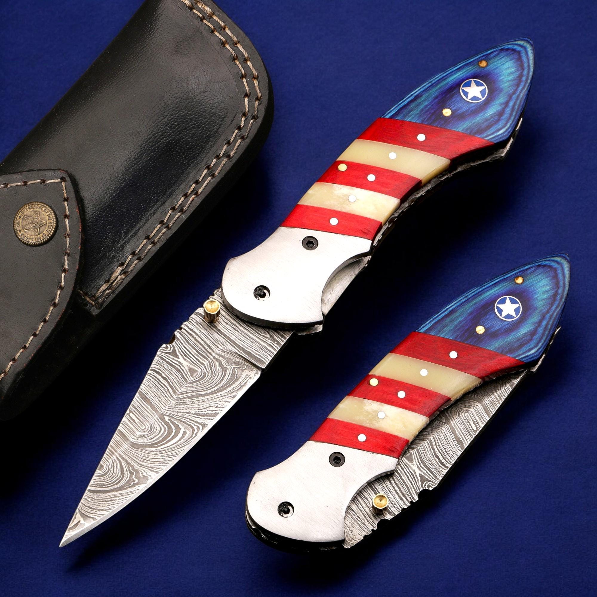 Handcraft Damascus Folding 8.5" Pocket Knife American USA Flag Camel Bone PakkaWood Handle Leather Sheath Hunting Bushcraft EDC Knives Gift