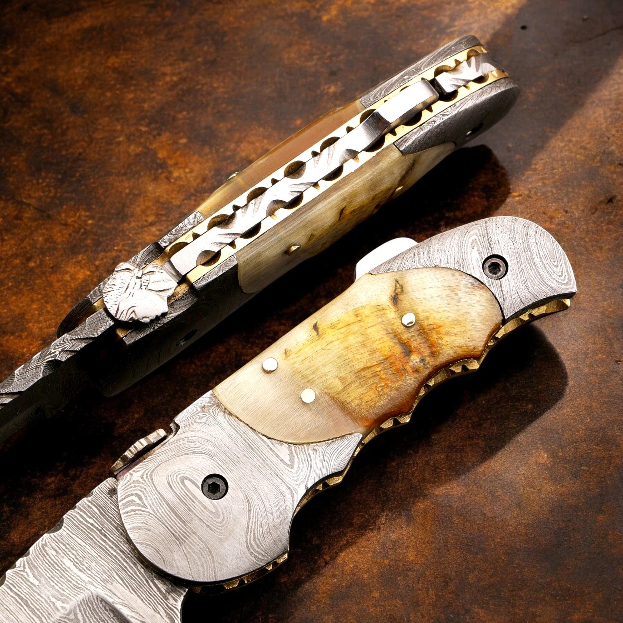 HandCraft Damascus Folding 7" Pocket Knife Lamb Horn Handle Leather Sheath Hunting Skinner Camping Fishing Outdoor Bushcraft EDC Knives Gift