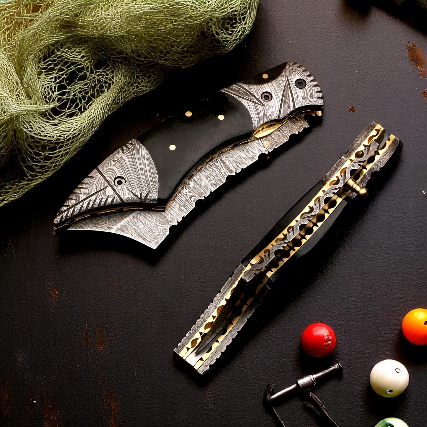 HandCraft Damascus Folding Knife 9" Pocket Knife Bull Horn Handle Leather Sheath Hunting Skinner Camping Fishing Outdoor Bushcraft EDC Gift