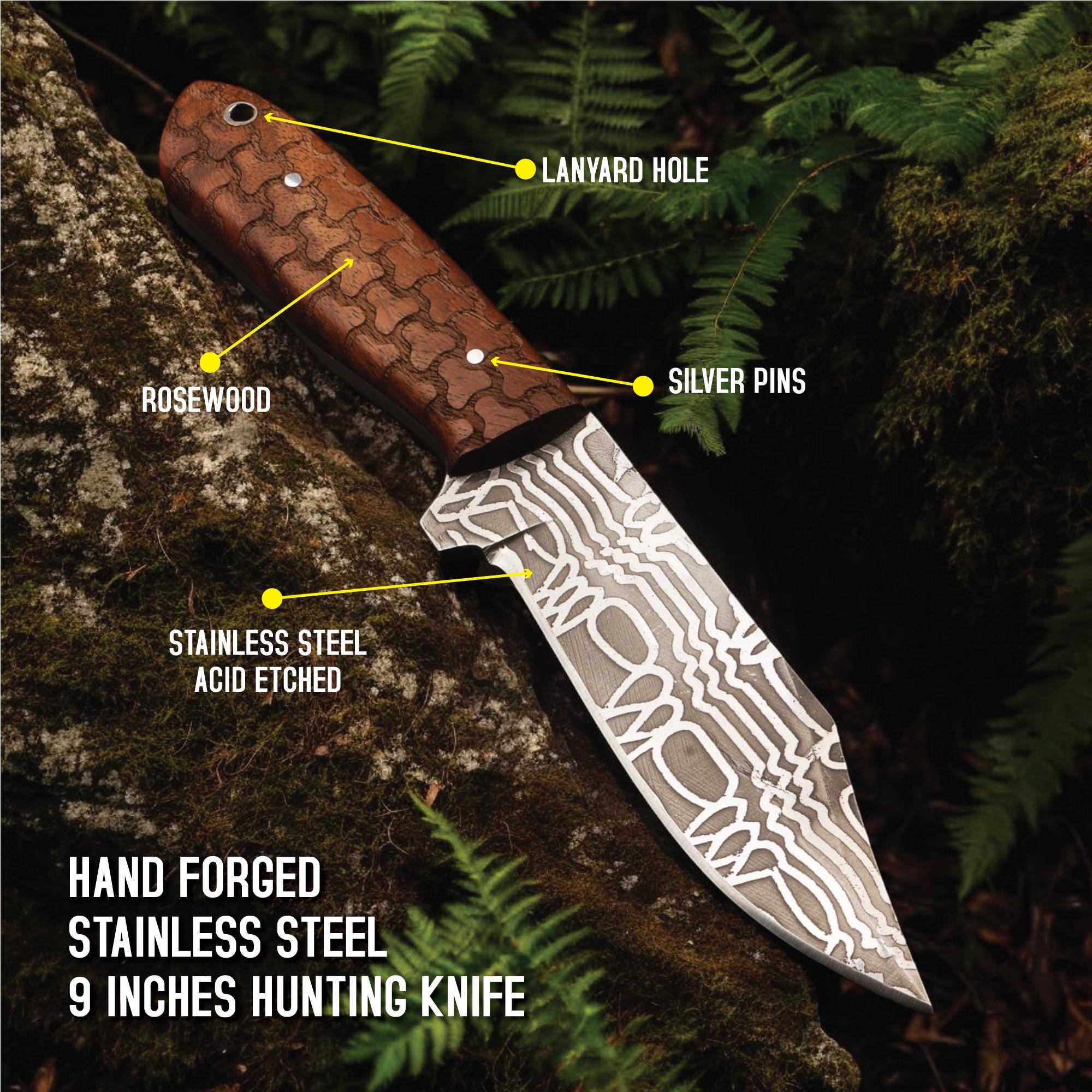 Handmade 9" Damascus Hunting Knife Rosewood Handle Outdoor Bushcraft Camping Fishing Knives Stainless Steel Blade Kitchen Cutlery Gift Craft