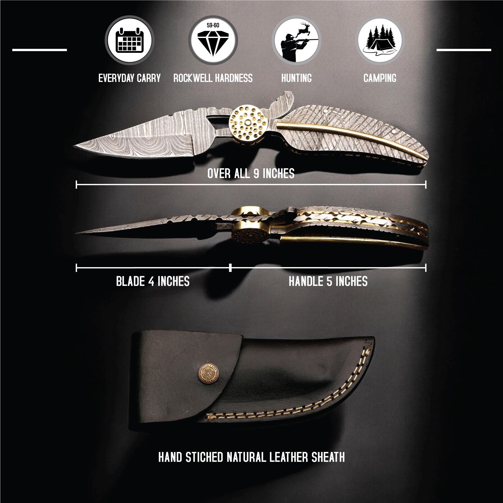 HandCraft Damascus Steel Folding 9" Pocket Knife Damascus Handle Brass Bolster Ultra Sharp Edge EDC Hunting Bushcraft Knives Camping Outdoor