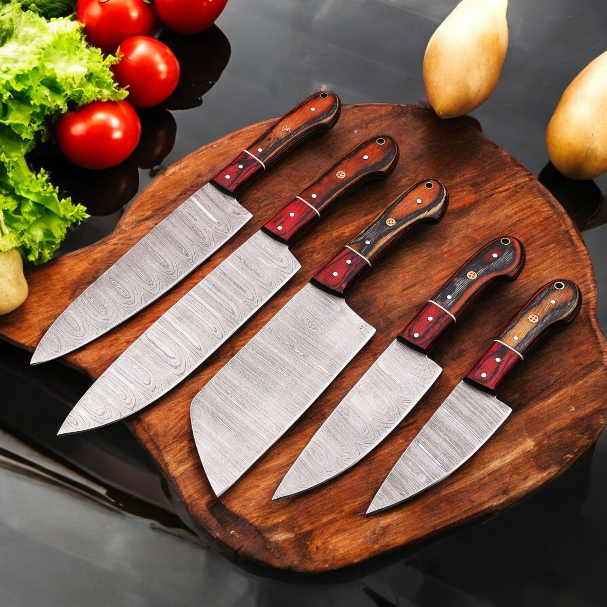 5Pcs Damascus Steel Kitchen Knife Set Leather Sheath Chef Knives Outdoor Cookware Cutlery Camping  Hunting HandCraft Housewarming Gift EDC