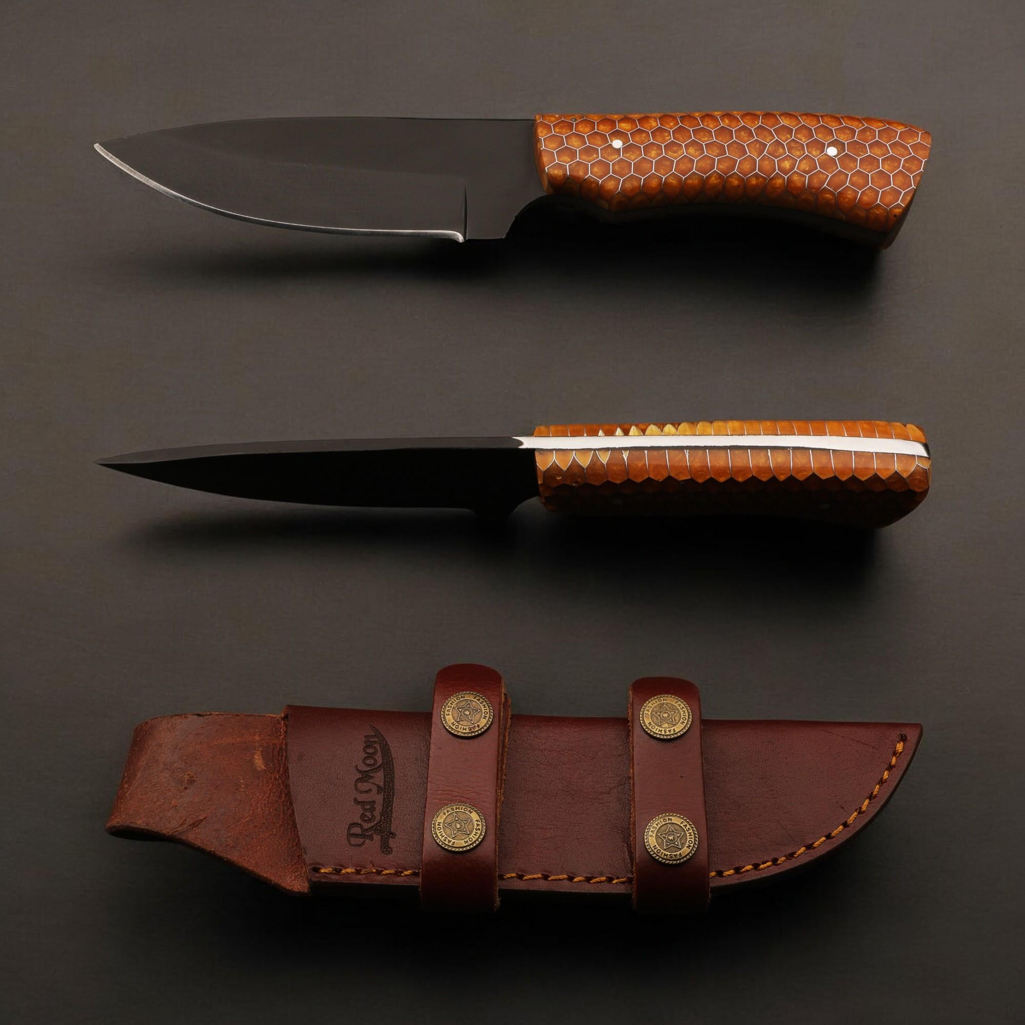 HandForged 9.5" Hunting Knife Stainless Steel Black Powder Coated Blade Honeycomb Resin Handle Skinner Bushcraft Outdoor Camping Knives EDC