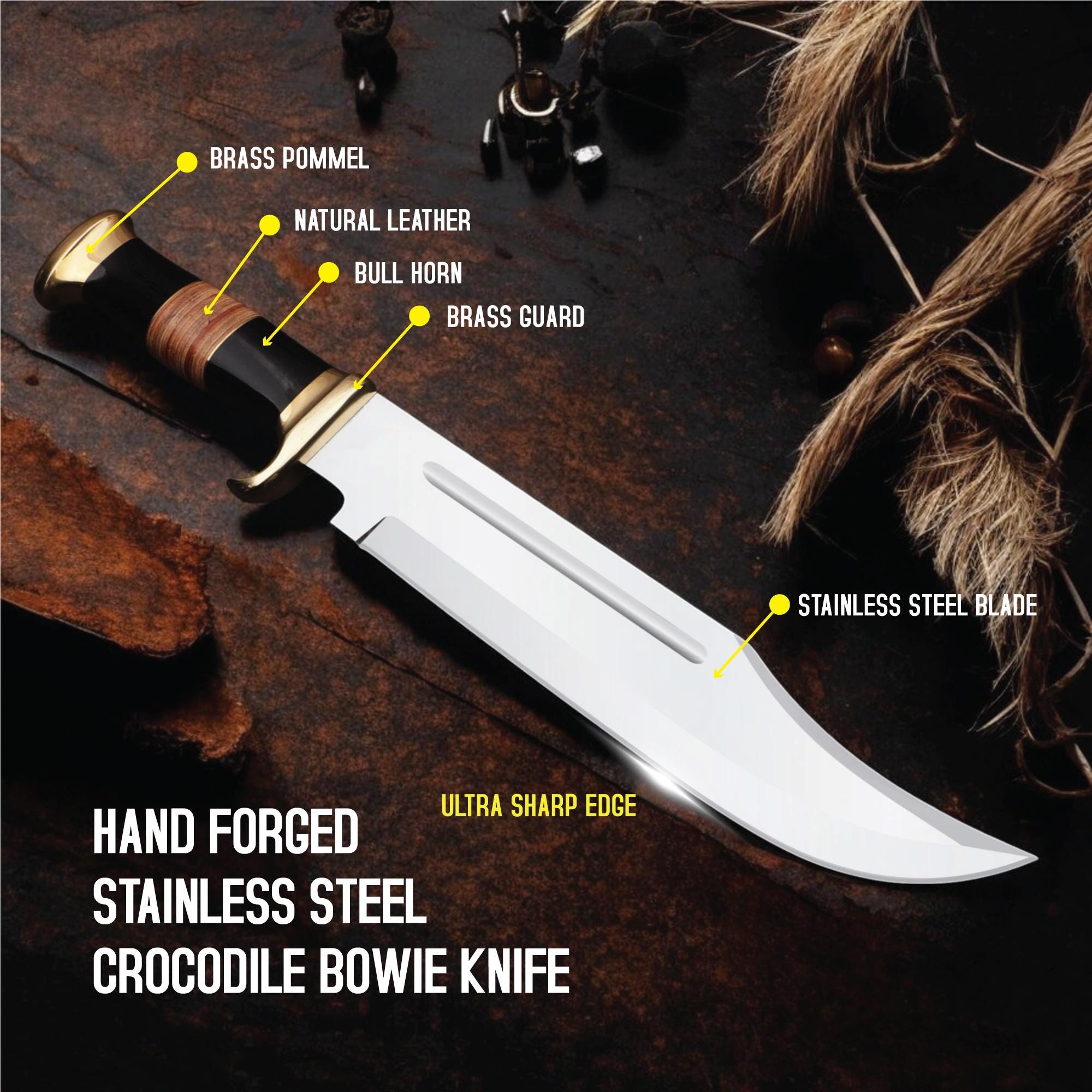 Crocodile Dundee Bowie Knife HandForged 18" Stainless Steel Blade Bull Horn Handle Hunting Camping Bushcraft Fishing Kitchen Knives Gift EDC