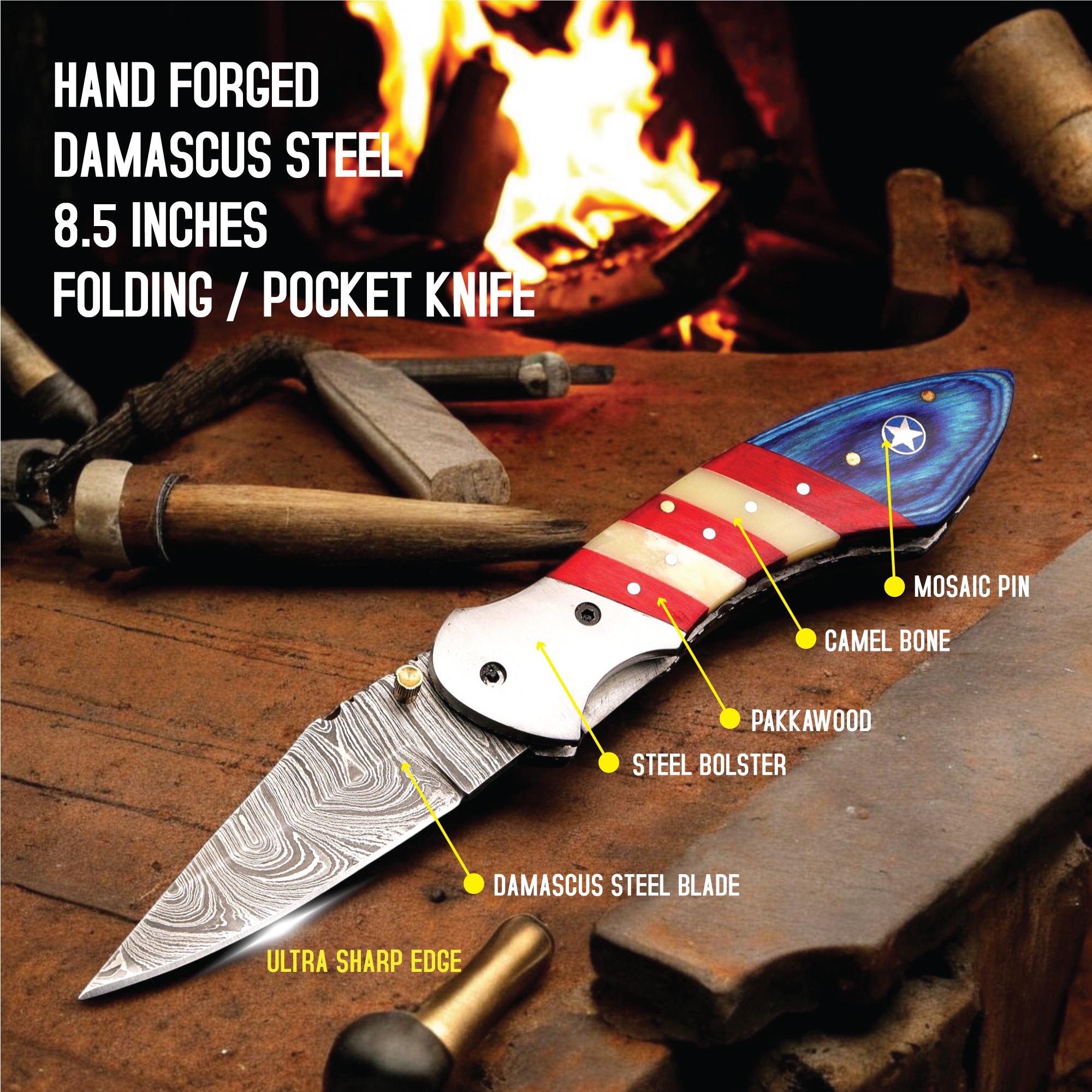 Handcraft Damascus Folding 8.5" Pocket Knife American USA Flag Camel Bone PakkaWood Handle Leather Sheath Hunting Bushcraft EDC Knives Gift