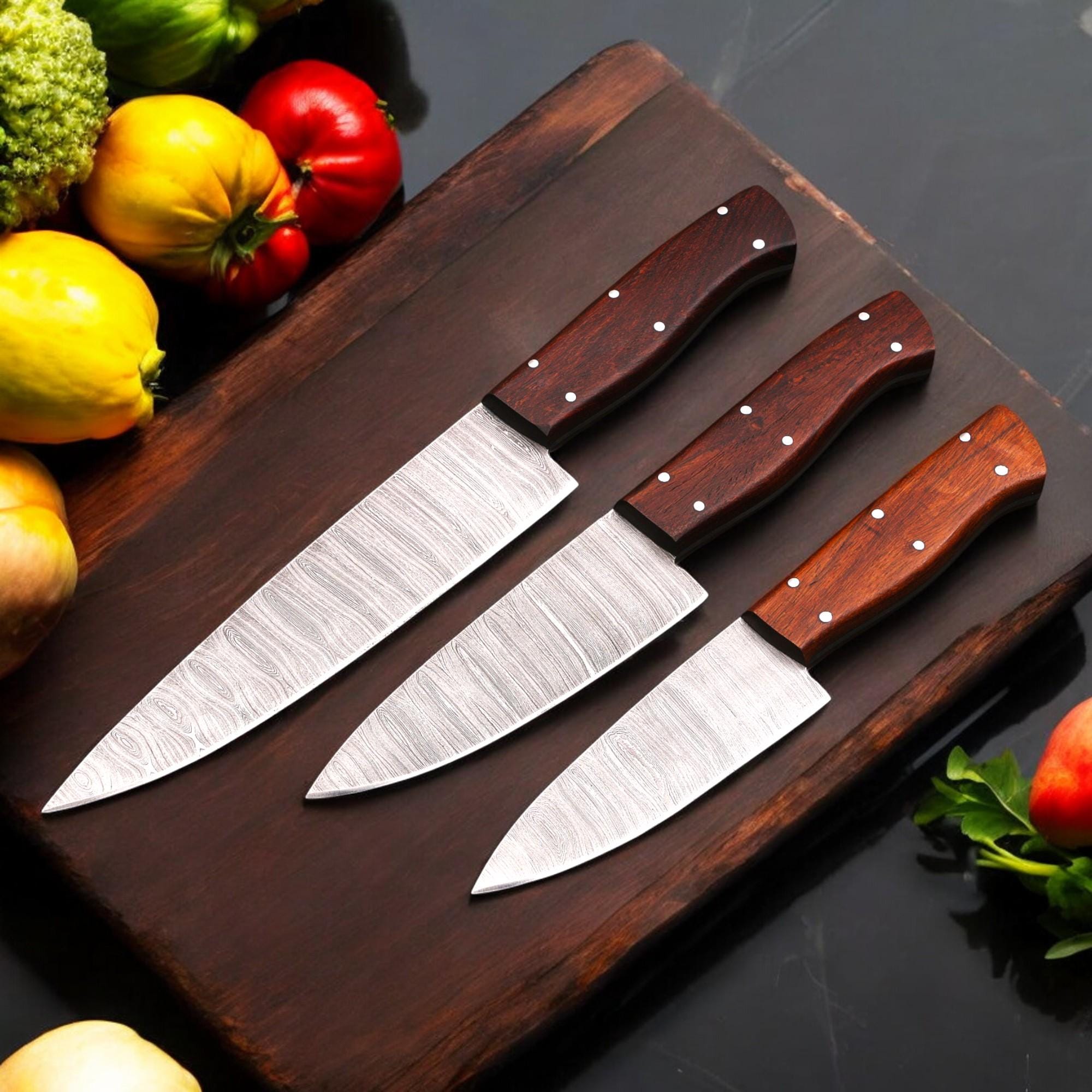 3pcs Damascus Chef Knife Set HandForged Kitchen Knives Leather Sheath Outdoor Hunting Camping Cookware Housewarming Cutlery Gift Craft  EDC