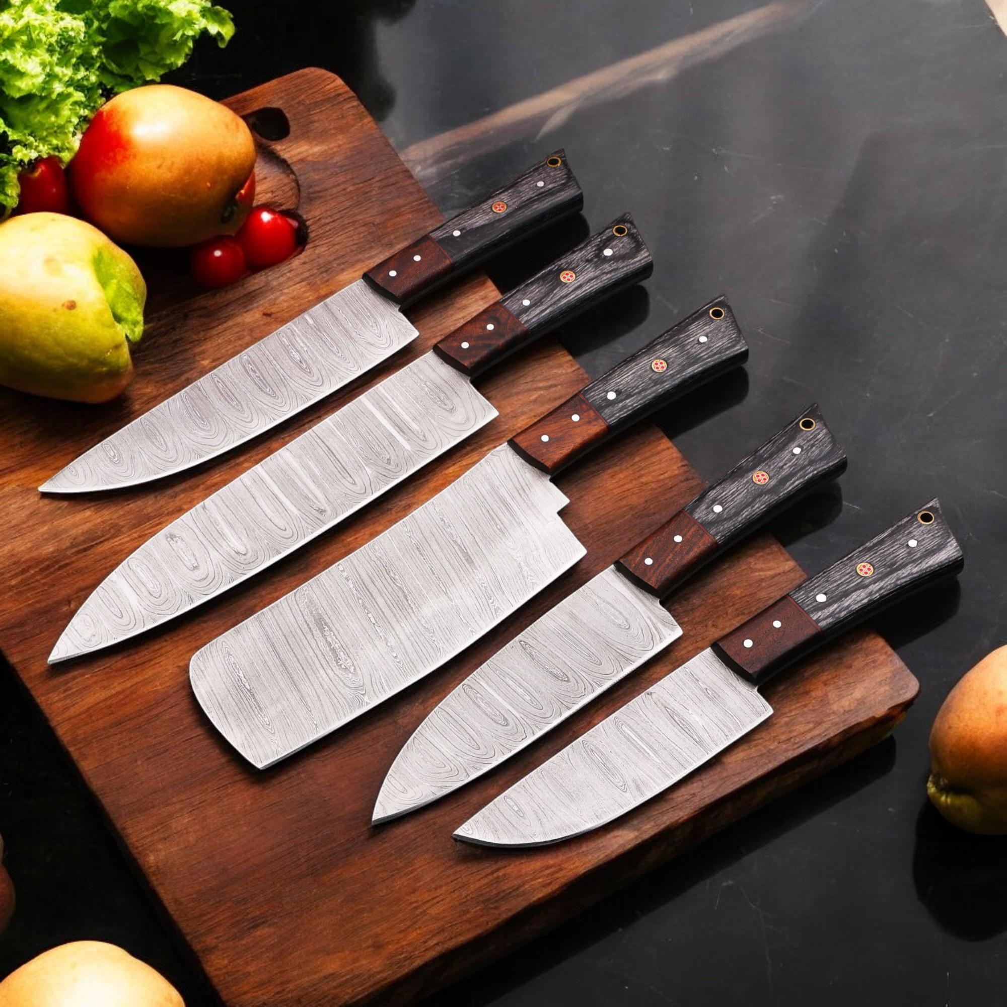 5Pcs HandForged Damascus Chef Knife Set Rosewood Pakka Wood Handle Kitchen Knives Butcher Cutlery Outdoor Camping Gift Hunting Cookware EDC