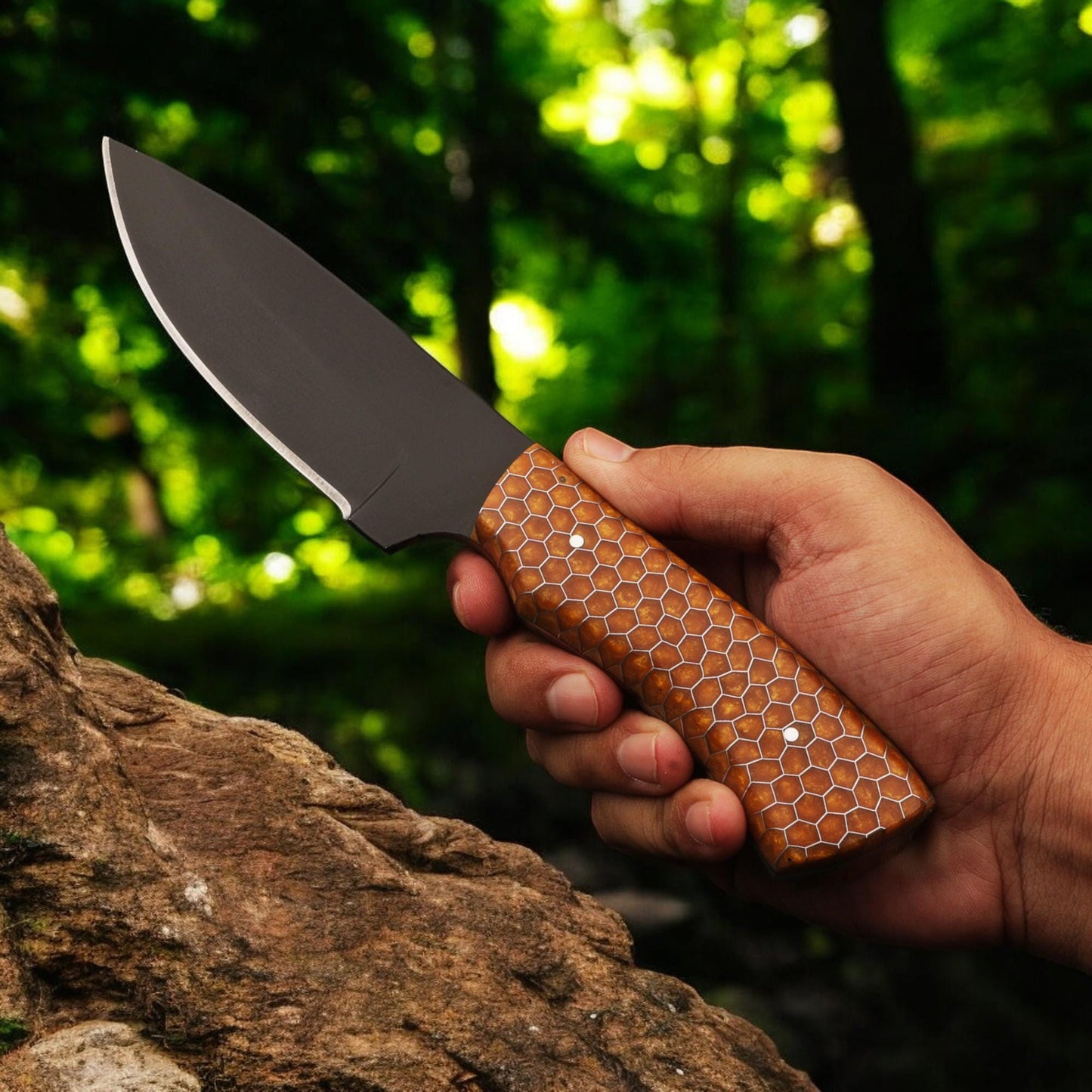 HandForged 9.5" Hunting Knife Stainless Steel Black Powder Coated Blade Honeycomb Resin Handle Skinner Bushcraft Outdoor Camping Knives EDC