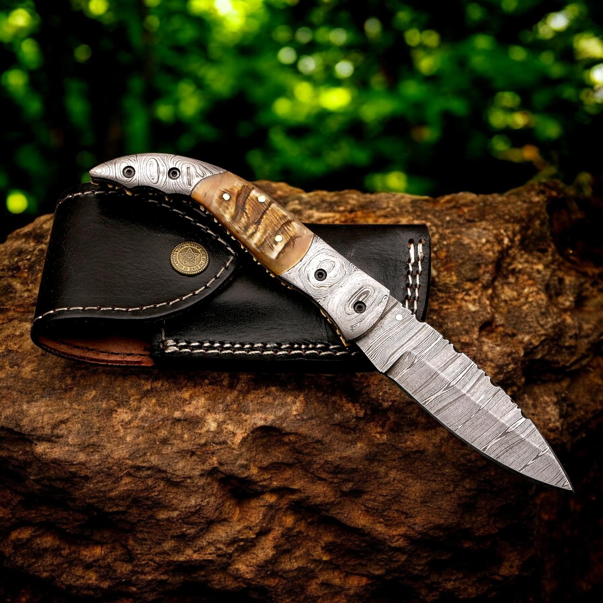 HandCraft Damascus Folding 9" Pocket Knife Lamb Horn Handle Leather Sheath Hunting Skinner Camping Fishing Outdoor Bushcraft EDC Knives Gift