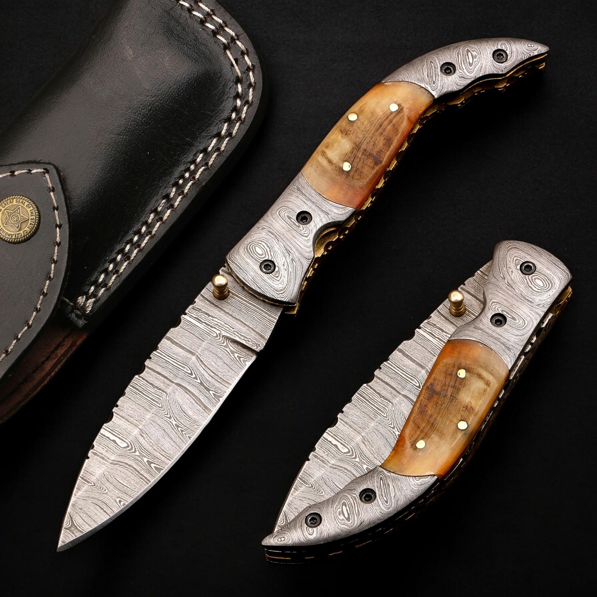 HandCraft Damascus Folding 9" Pocket Knife Lamb Horn Handle Leather Sheath Hunting Skinner Camping Fishing Outdoor Bushcraft EDC Knives Gift