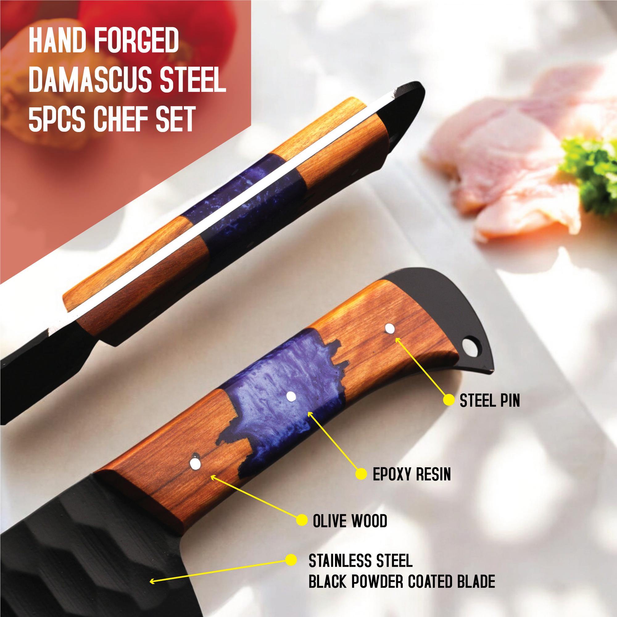 5pcs Damascus Chef Knife Set HandForged Kitchen Knives with Sheath Outdoor Cooking Hunting Outdoor Cookware Housewarming Cutlery Gift Craft