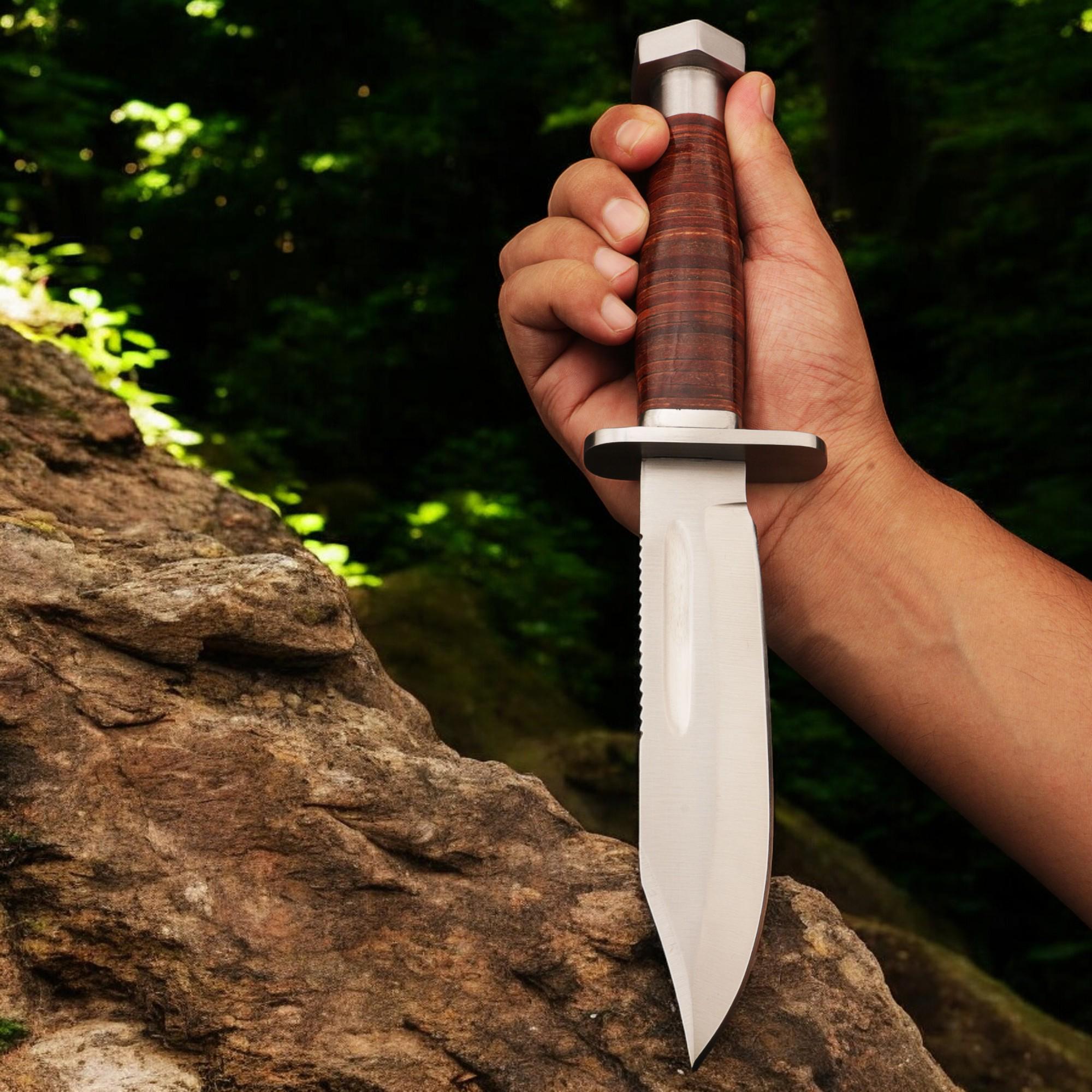 Hunting Knife 11.5" HandForged Stainless Steel Leather Handle & Sheath Blade for Camping Bushcraft Knives Skinning Fishing Craft Outdoor EDC