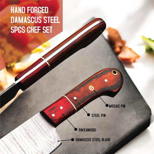 5Pcs Damascus Steel Kitchen Knife Set Leather Sheath Chef Knives Outdoor Cookware Cutlery Camping Hunting HandCraft Housewarming Gift EDC