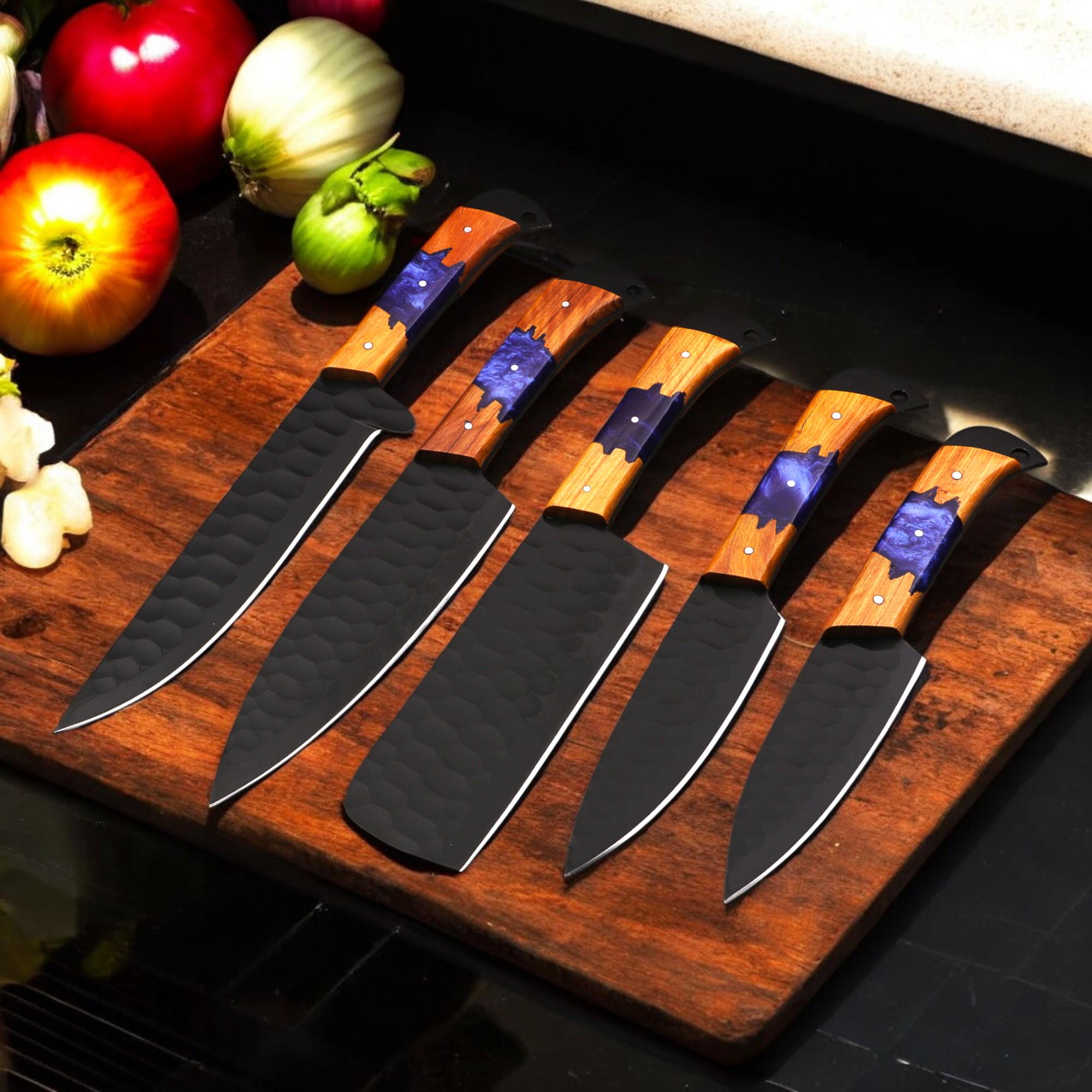 5pcs Damascus Chef Knife Set HandForged Kitchen Knives with Sheath Outdoor Cooking Hunting Outdoor Cookware Housewarming Cutlery Gift Craft