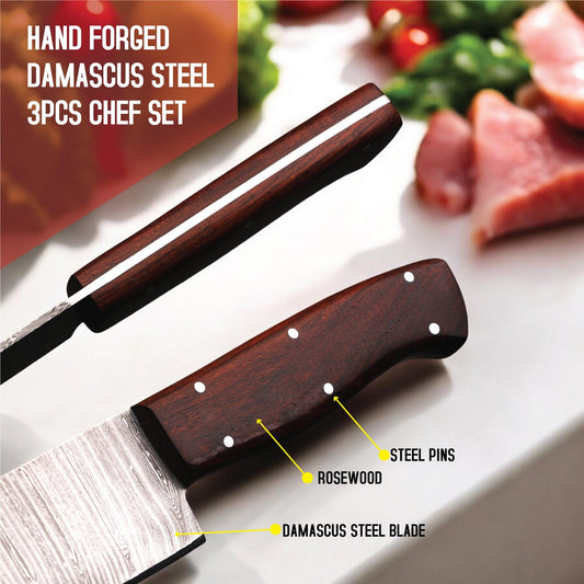 3pcs Damascus Chef Knife Set HandForged Kitchen Knives Leather Sheath Outdoor Hunting Camping Cookware Housewarming Cutlery Gift Craft EDC