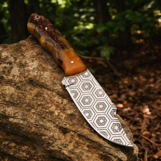 HandForged 9" Damascus Hunting Knife Acid Etched Stainless Steel Blade Resin Handle Bushcraft Skinning Outdoor EDC Kitchen Knives Gift Craft