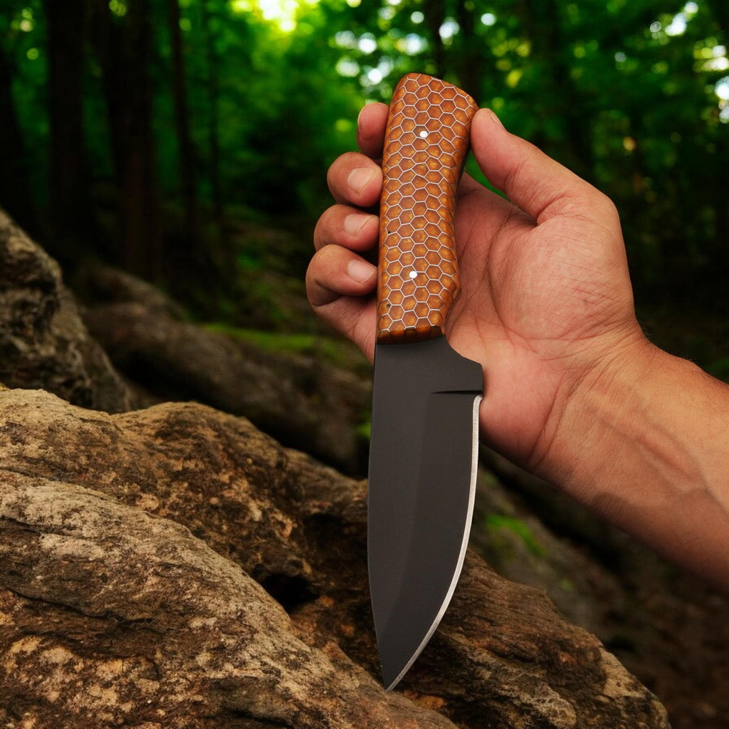 HandForged 9.5" Hunting Knife Stainless Steel Black Powder Coated Blade Honeycomb Resin Handle Skinner Bushcraft Outdoor Camping Knives EDC