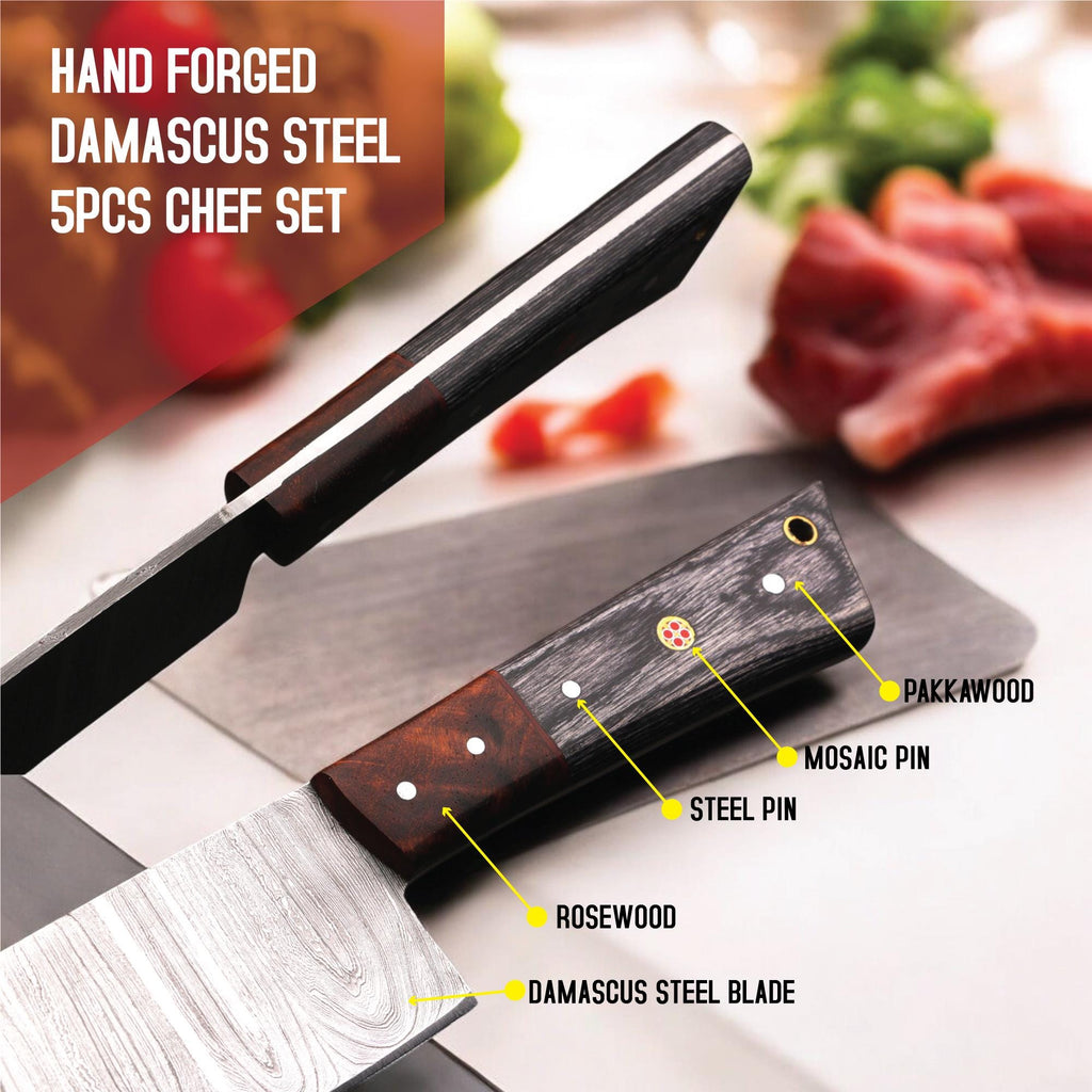 5Pcs HandForged Damascus Chef Knife Set Rosewood Pakka Wood Handle Kitchen Knives Butcher Cutlery Outdoor Camping Gift Hunting Cookware EDC