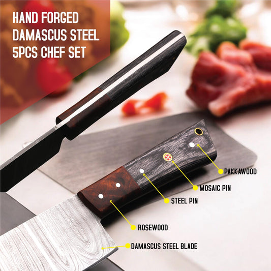 5Pcs HandForged Damascus Chef Knife Set Rosewood Pakka Wood Handle Kitchen Knives Butcher Cutlery Outdoor Camping Gift Hunting Cookware EDC