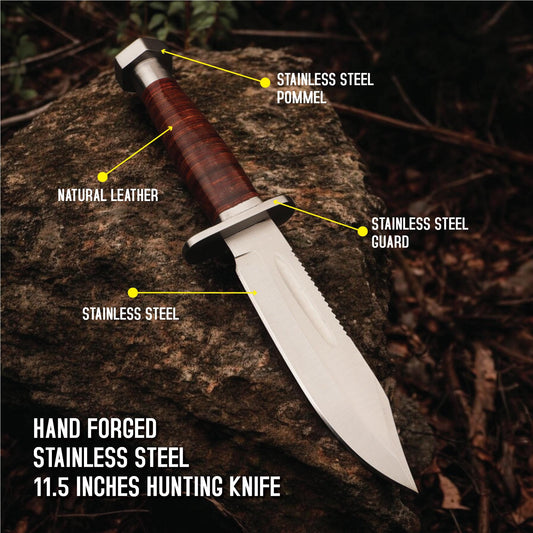 Hunting Knife 11.5" HandForged Stainless Steel Leather Handle & Sheath Blade for Camping Bushcraft Knives Skinning Fishing Craft Outdoor EDC