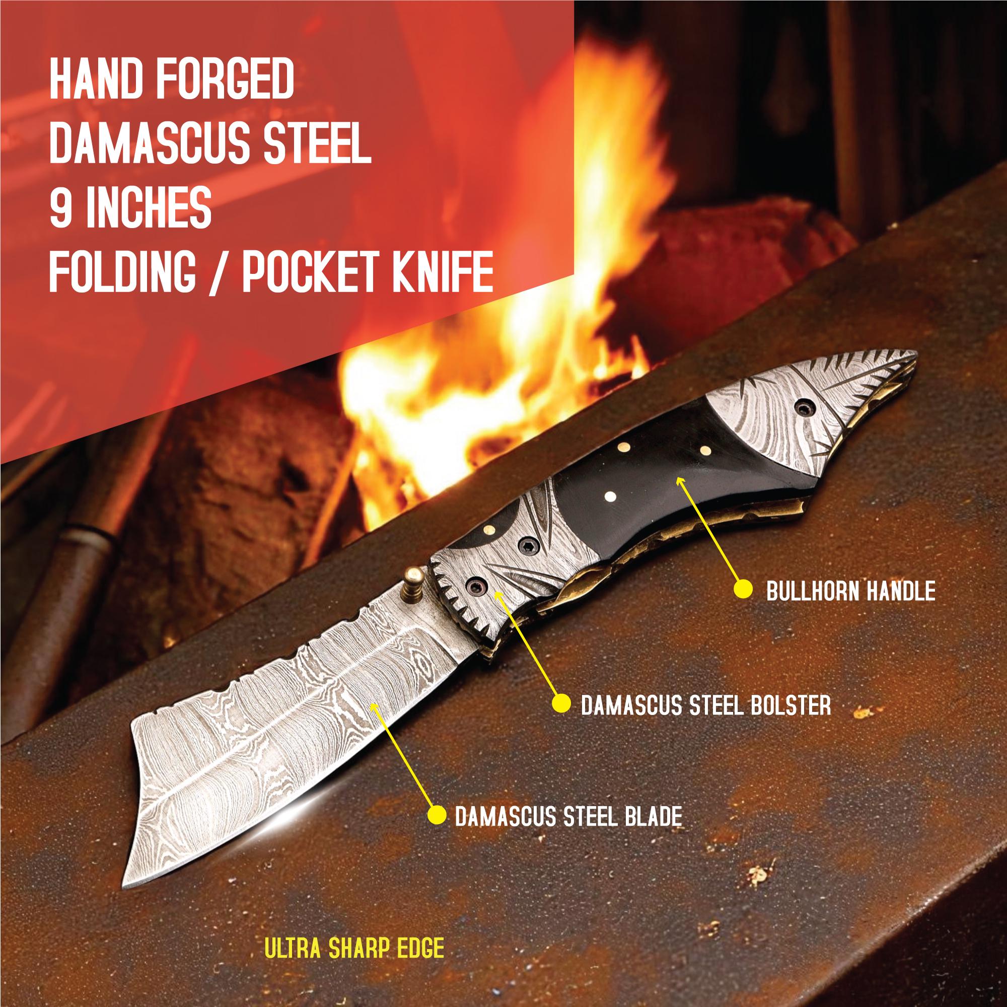 HandCraft Damascus Folding Knife 9" Pocket Knife Bull Horn Handle Leather Sheath Hunting Skinner Camping Fishing Outdoor Bushcraft EDC Gift