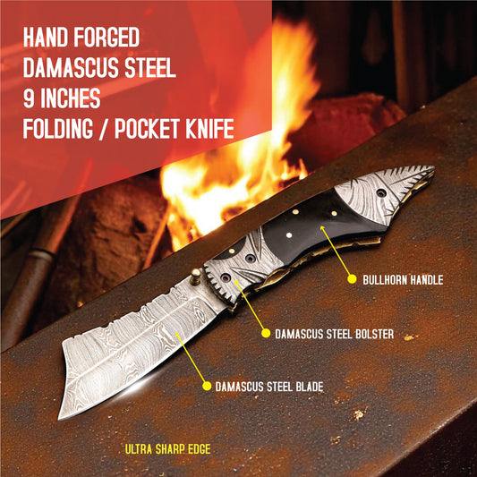 HandCraft Damascus Folding Knife 9" Pocket Knife Bull Horn Handle Leather Sheath Hunting Skinner Camping Fishing Outdoor Bushcraft EDC Gift