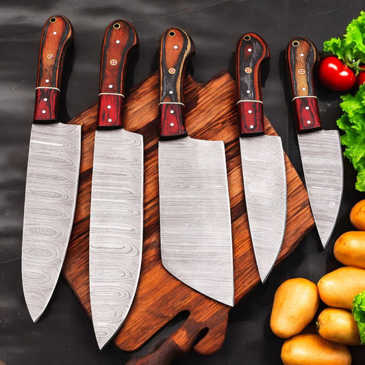 5Pcs Damascus Steel Kitchen Knife Set Leather Sheath Chef Knives Outdoor Cookware Cutlery Camping  Hunting HandCraft Housewarming Gift EDC