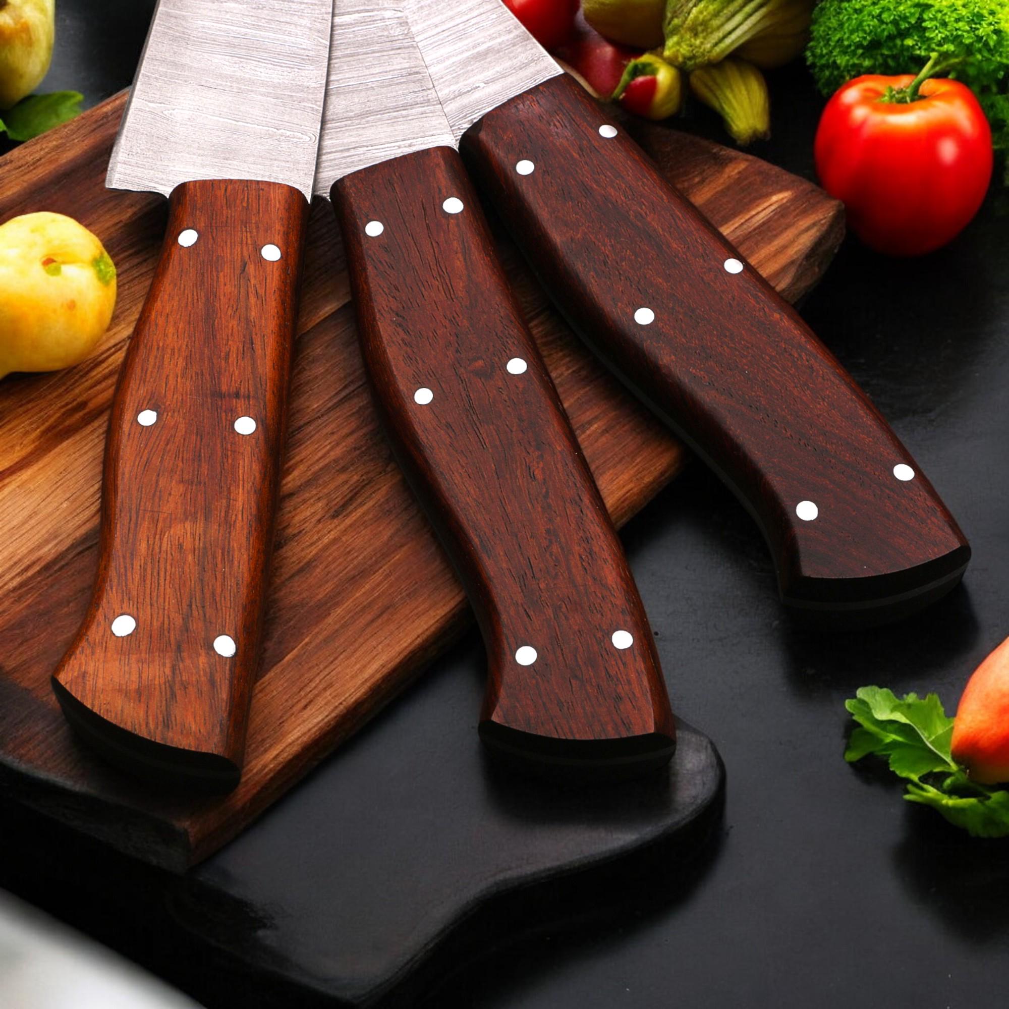 3pcs Damascus Chef Knife Set HandForged Kitchen Knives Leather Sheath Outdoor Hunting Camping Cookware Housewarming Cutlery Gift Craft  EDC