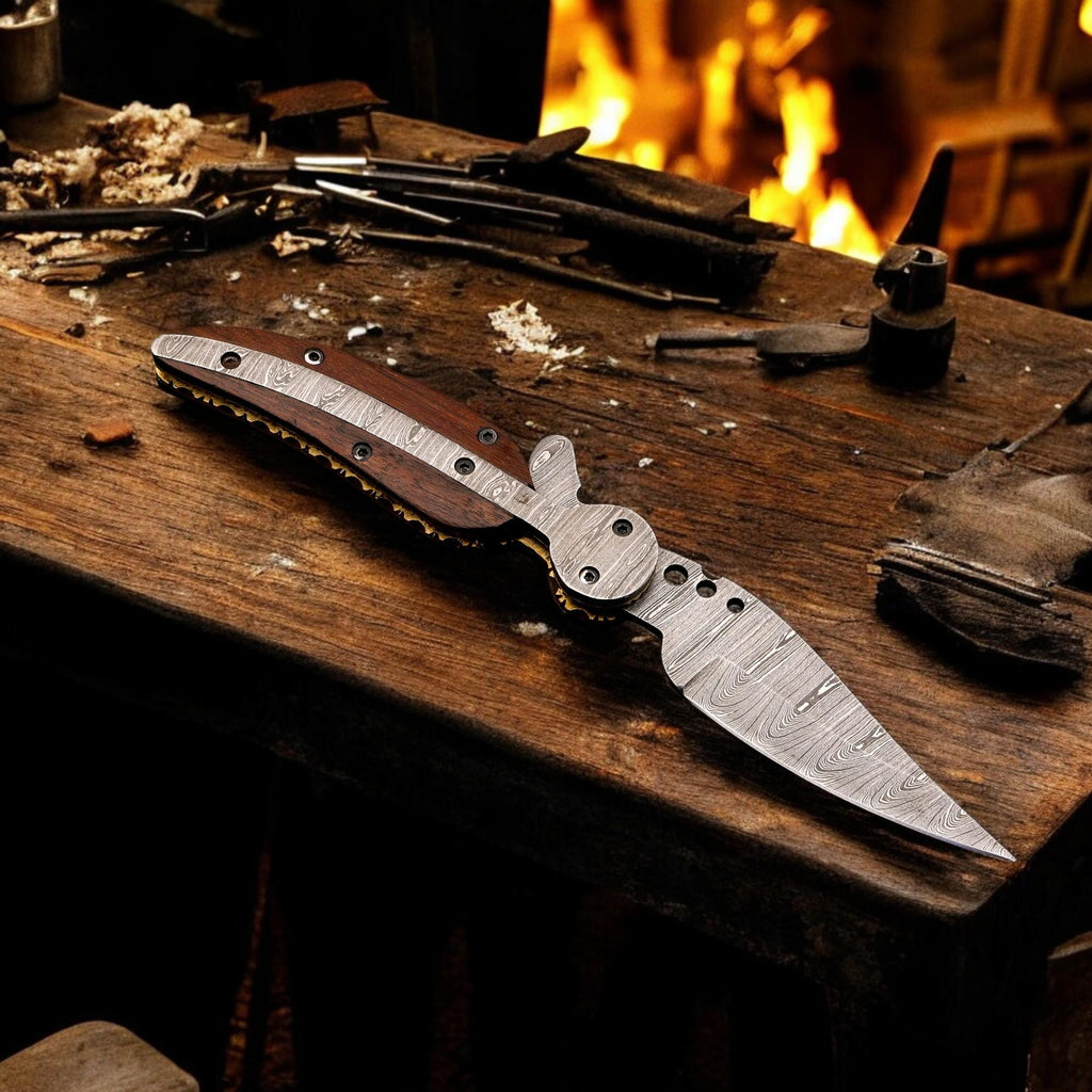 HandCraft Damascus Folding 9" Pocket Knife Damascus Steel Rose Wood Handle Leather Sheath Hunting Camping Outdoor Bushcraft EDC Knives Gift