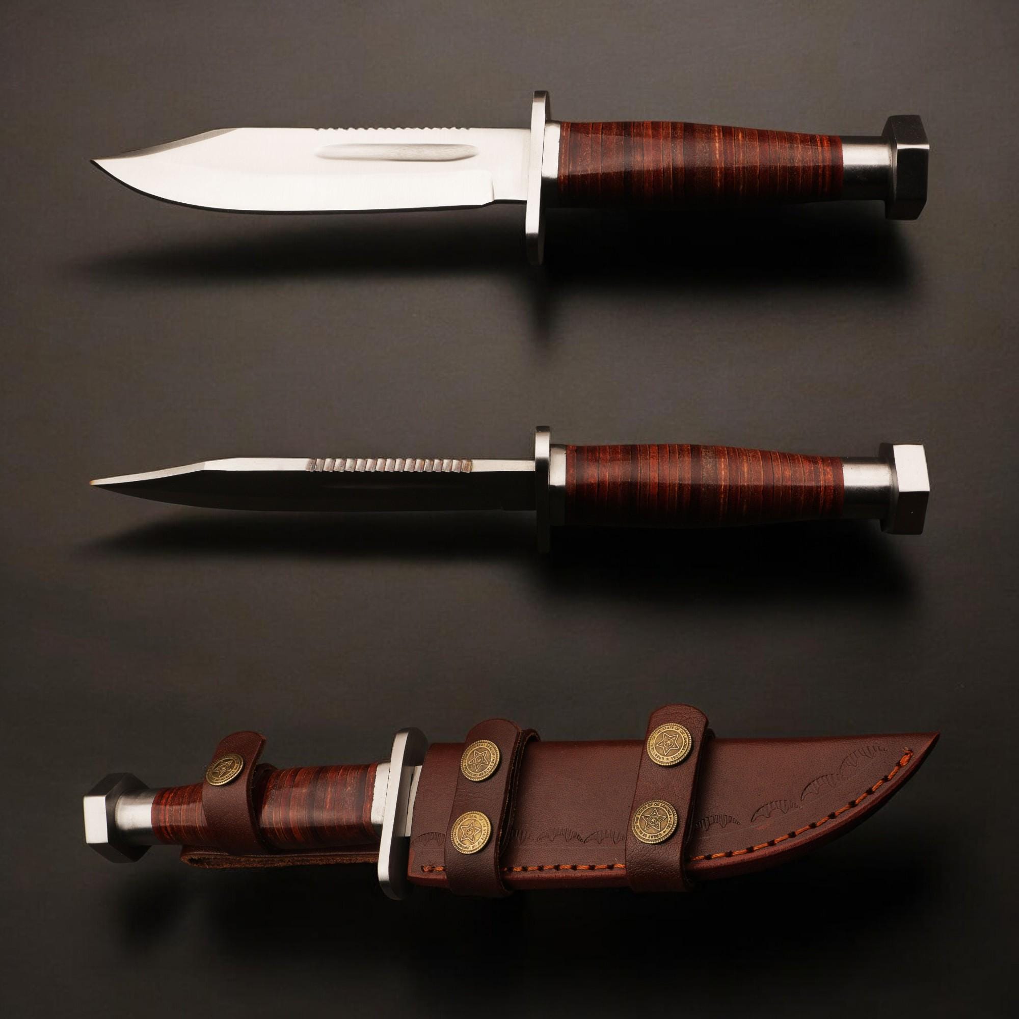 Hunting Knife 11.5" HandForged Stainless Steel Leather Handle & Sheath Blade for Camping Bushcraft Knives Skinning Fishing Craft Outdoor EDC